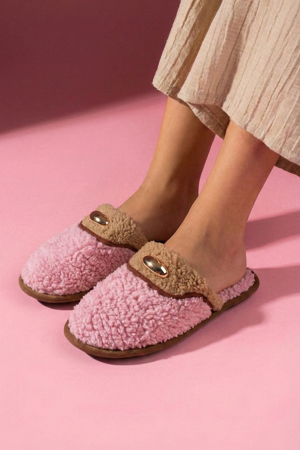 Evelis Pudra Vizon Havlu Dokulu Damla Aksesuarlı Ev Terliği