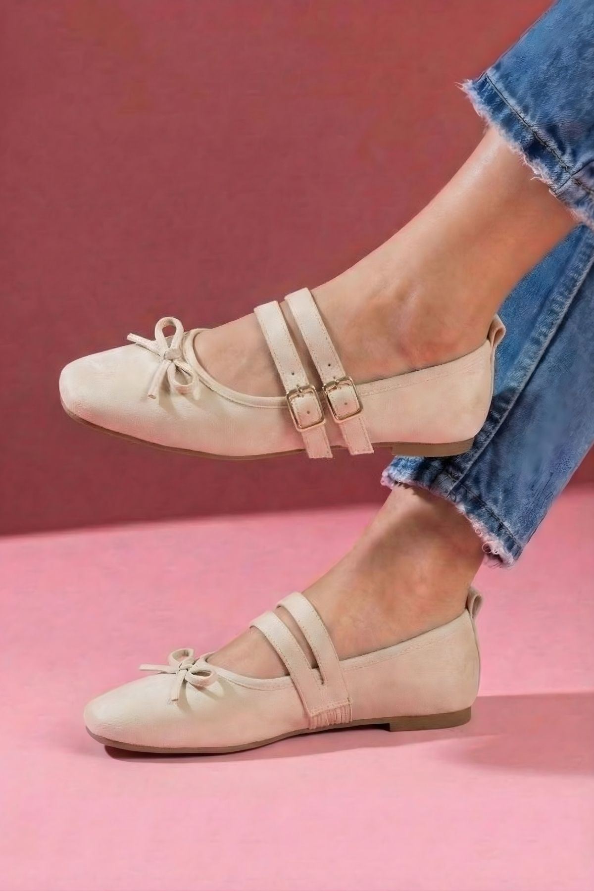 Eterna Bej Cilt Fiyonklu Gold Tokalı Çift Bant Babet