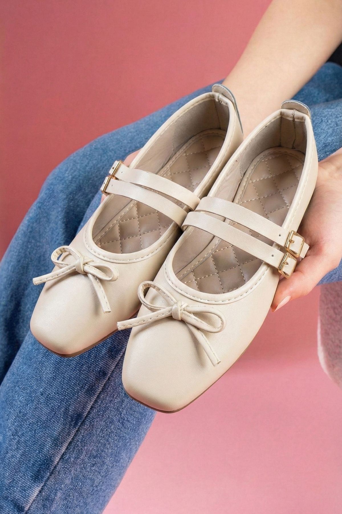 Eterna Bej Cilt Fiyonklu Gold Tokalı Çift Bant Babet