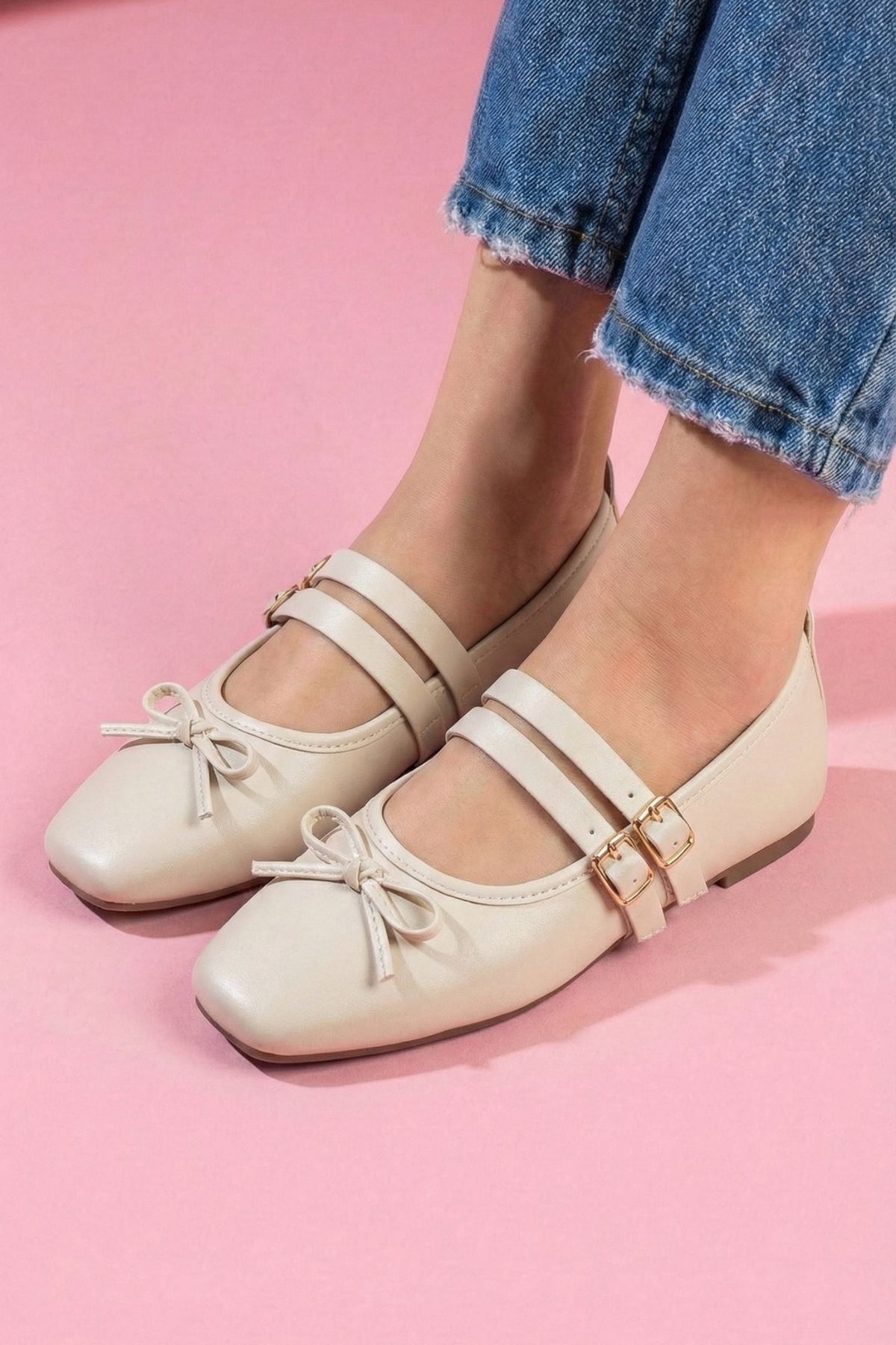 Eterna Bej Cilt Fiyonklu Gold Tokalı Çift Bant Babet