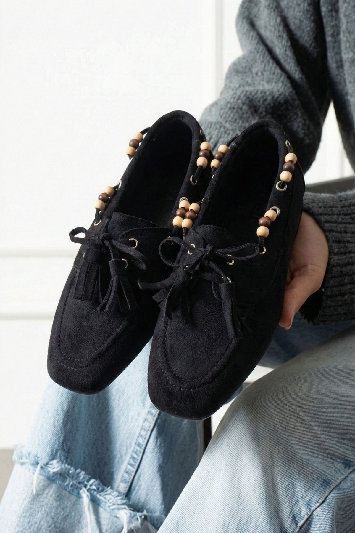 Tessora Siyah Süet Boncuk Detaylı Püsküllü Bağcıklı Loafer Babet Günlük Ayakkabı