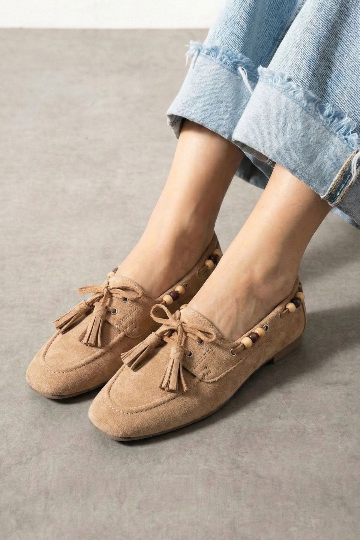 Tessora Vizon Süet Boncuk Detaylı Püsküllü Bağcıklı Loafer Babet Günlük Ayakkabı
