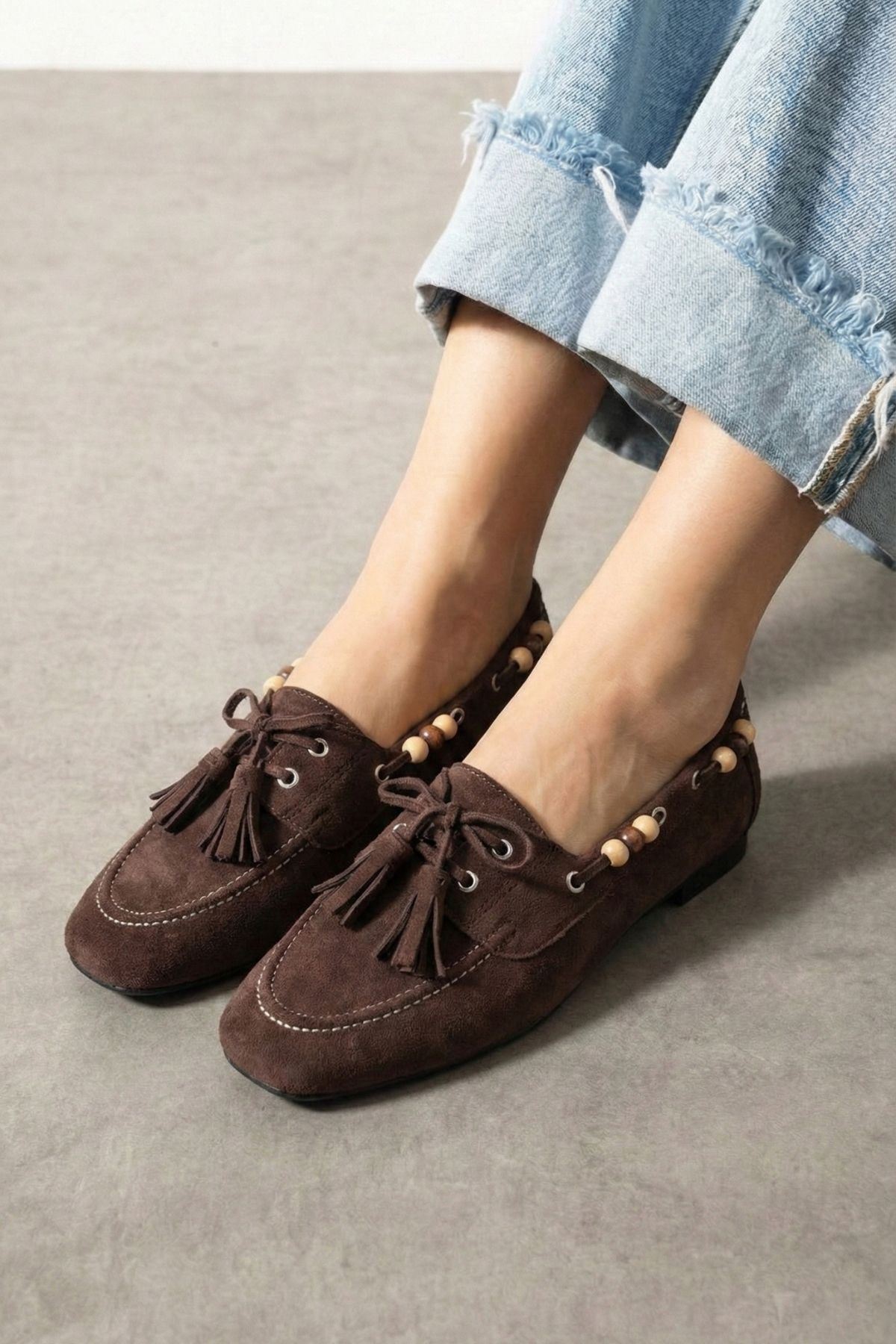Tessora Kahverengi Süet Boncuk Detaylı Püsküllü Bağcıklı Loafer Babet Günlük Ayakkabı