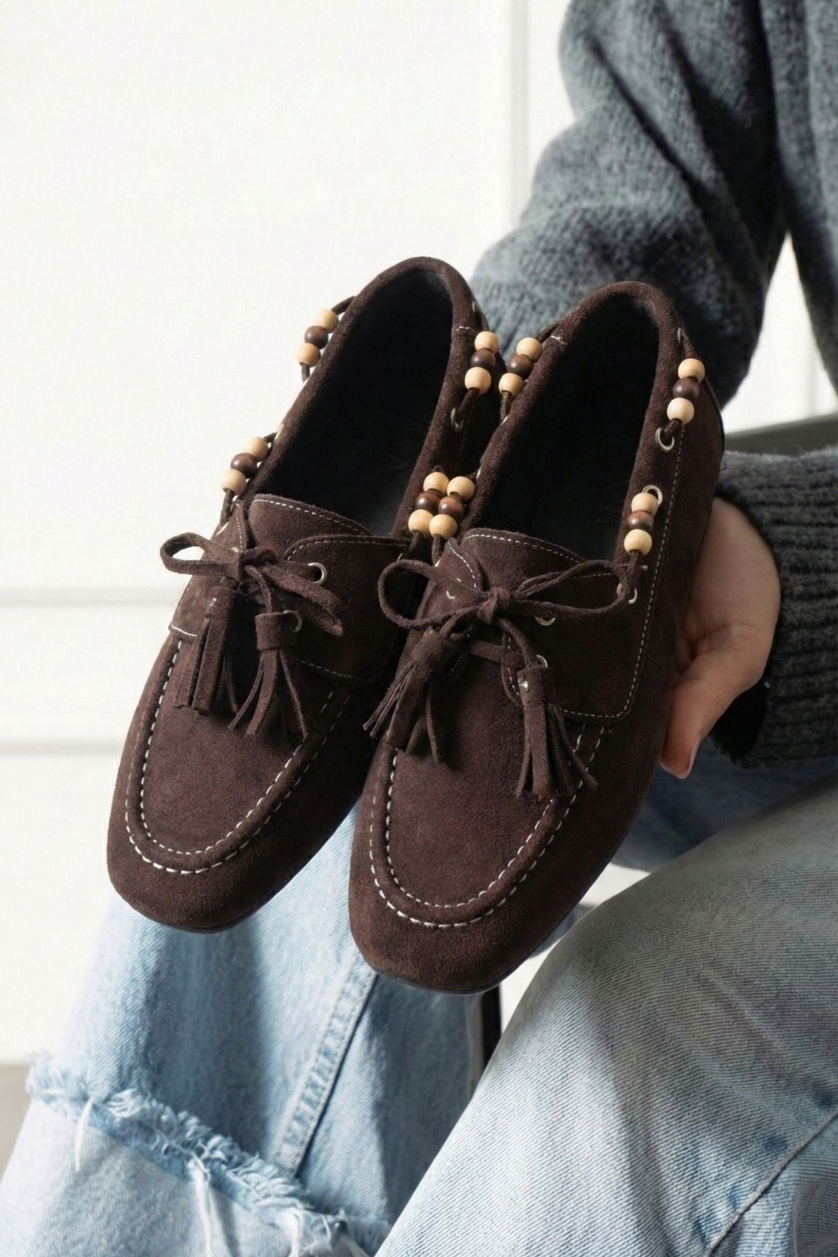 Tessora Kahverengi Süet Boncuk Detaylı Püsküllü Bağcıklı Loafer Babet Günlük Ayakkabı