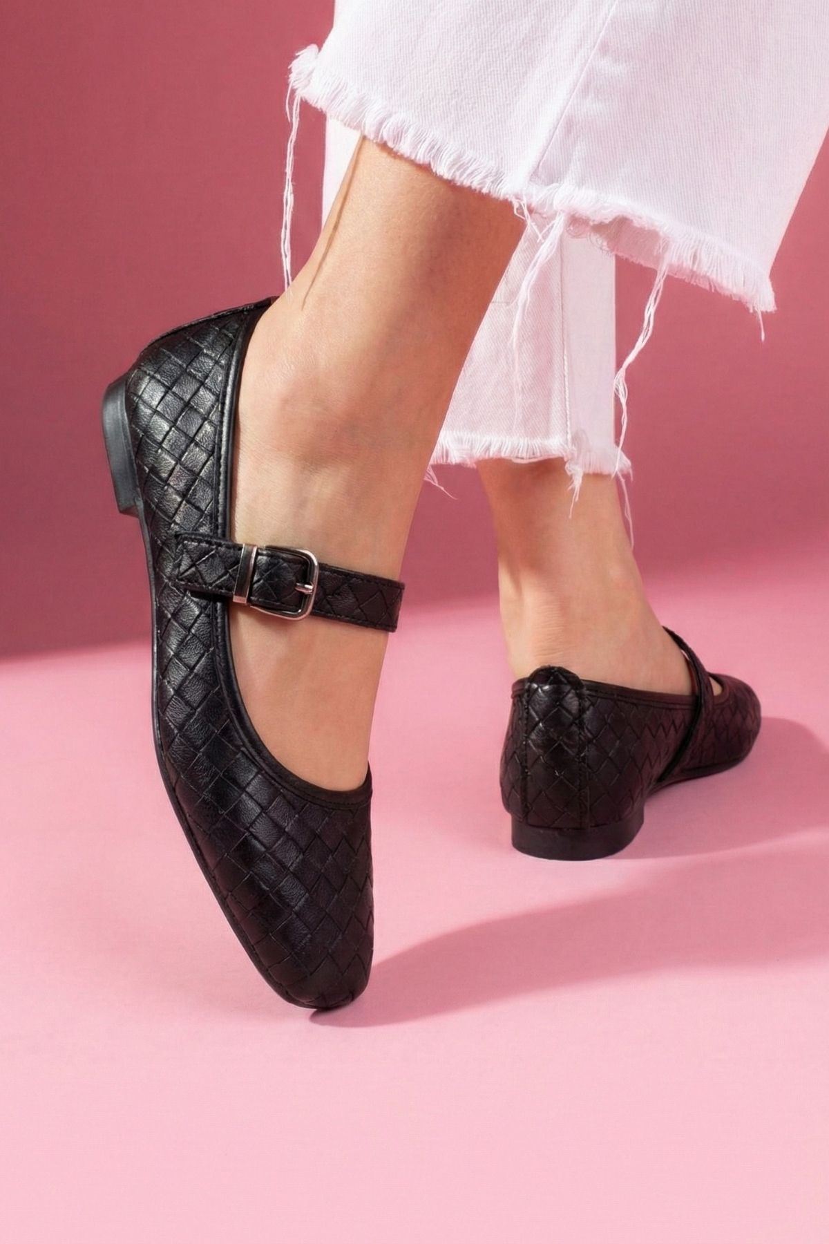 Toledo Siyah Cilt Örgü Dokulu Nikel Tokalı Kemer Bantlı Babet