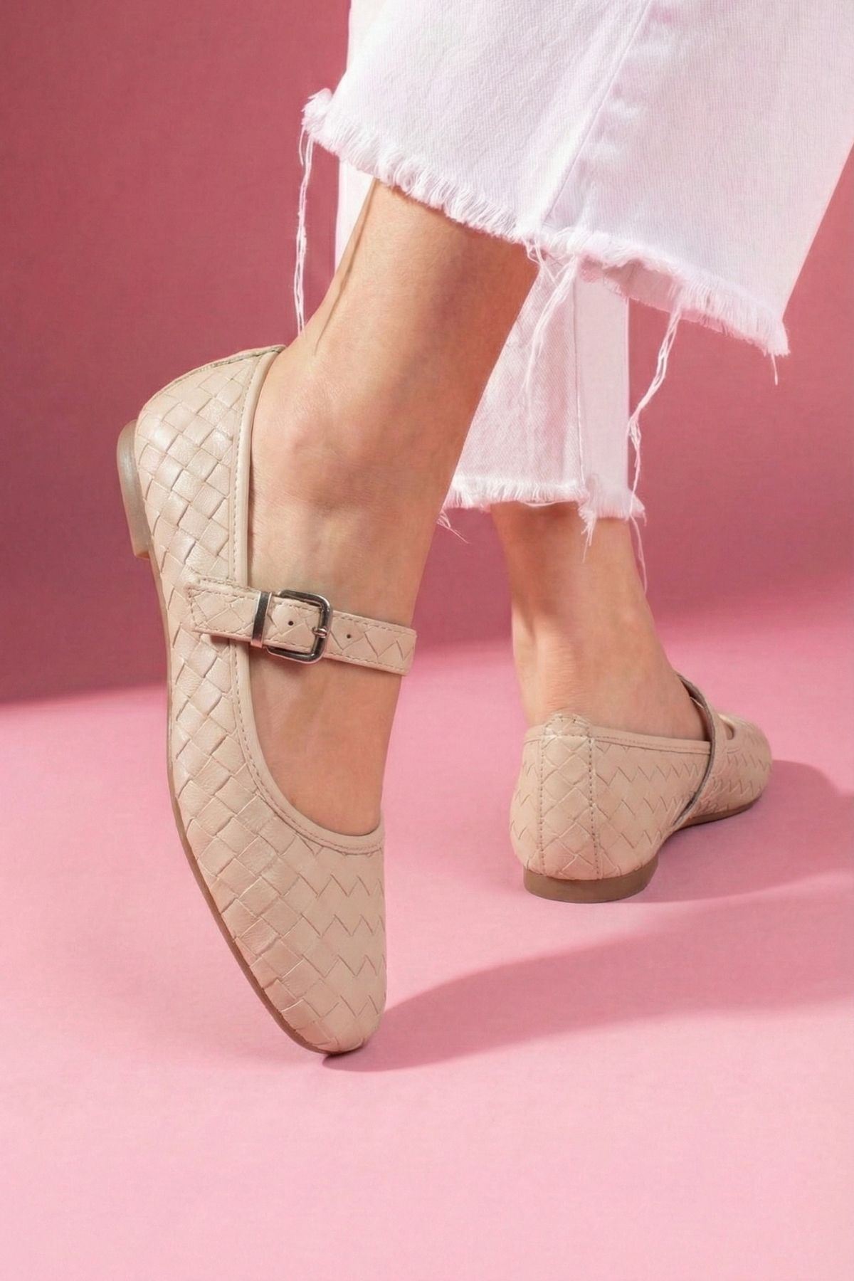 Toledo Bej Cilt Örgü Dokulu Nikel Tokalı Kemer Bantlı Babet