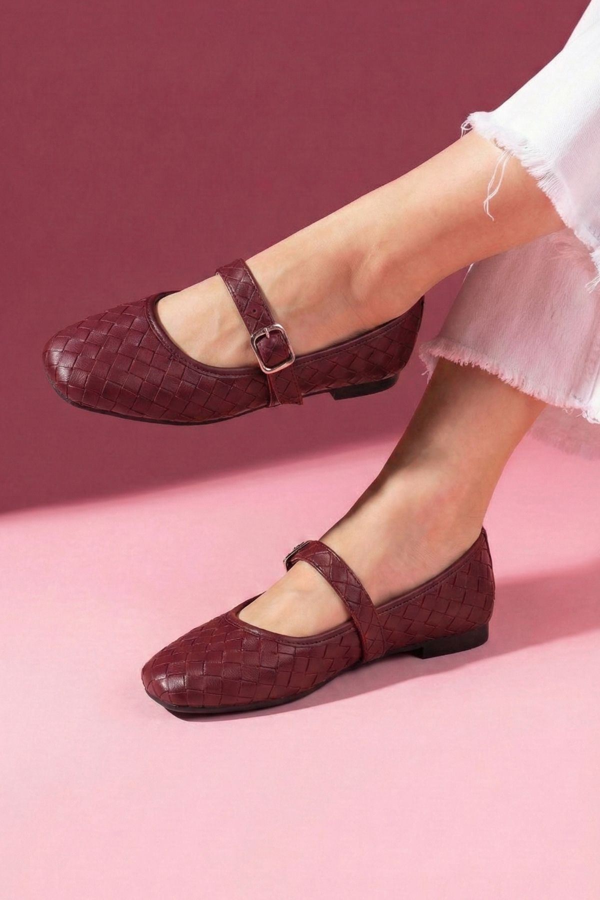 Toledo Bordo Cilt Örgü Dokulu Nikel Tokalı Kemer Bantlı Babet