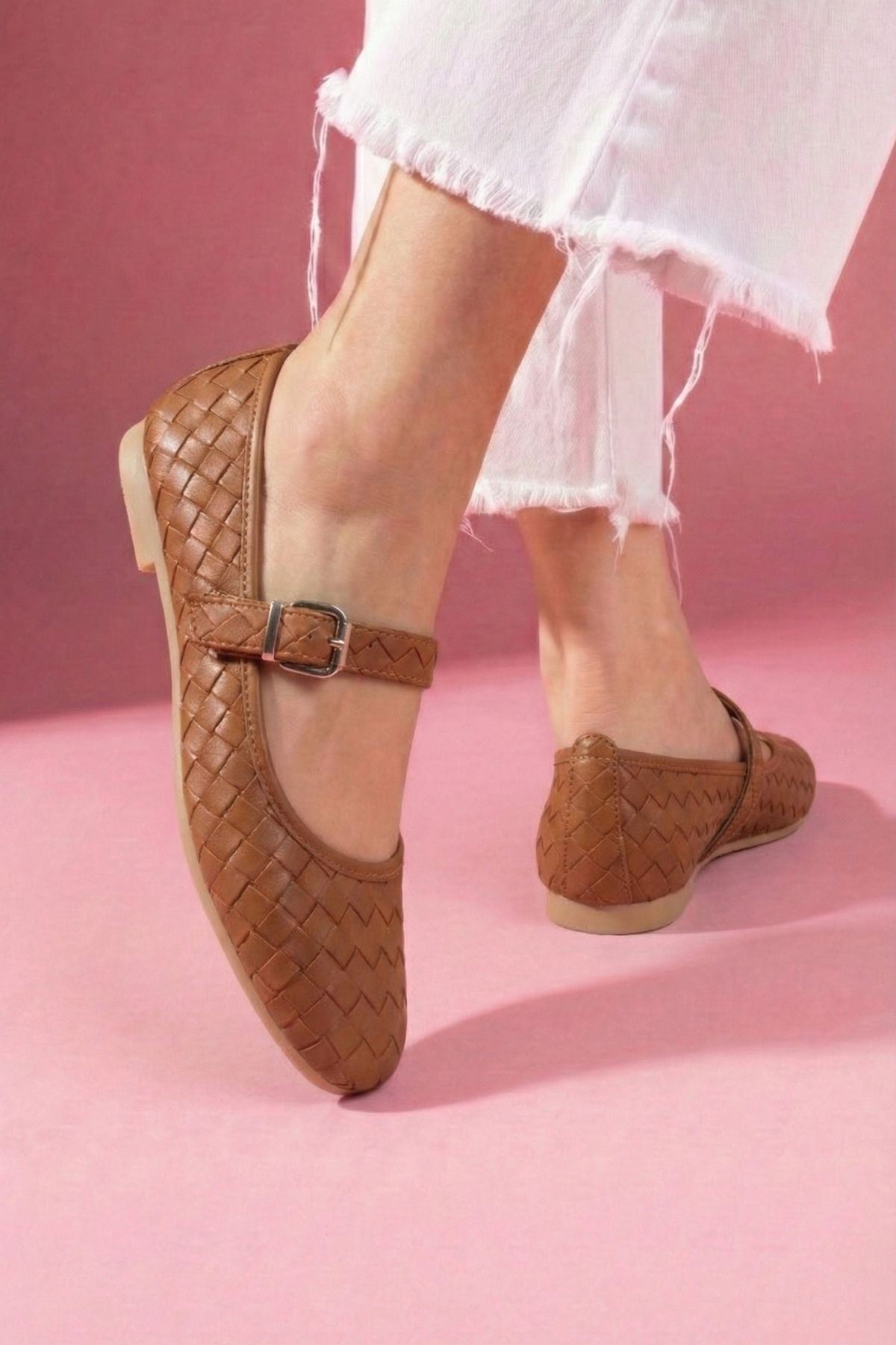 Toledo Taba Cilt Örgü Dokulu Nikel Tokalı Kemer Bantlı Babet