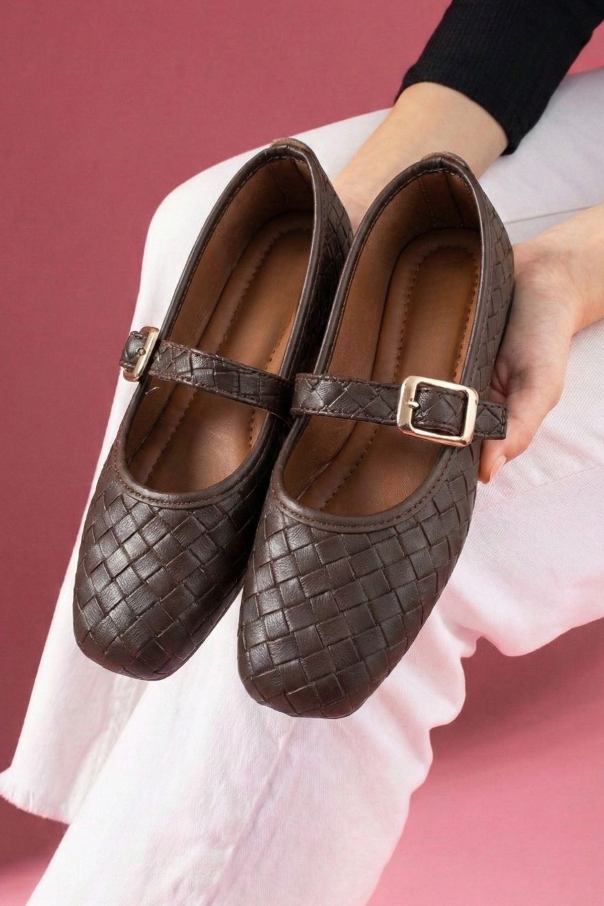 Toledo Kahverengi Cilt Örgü Dokulu Nikel Tokalı Kemer Bantlı Babet