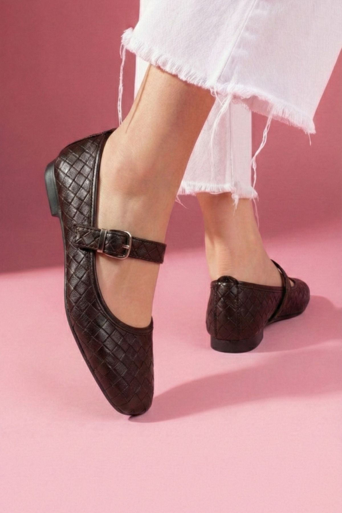 Toledo Kahverengi Cilt Örgü Dokulu Nikel Tokalı Kemer Bantlı Babet