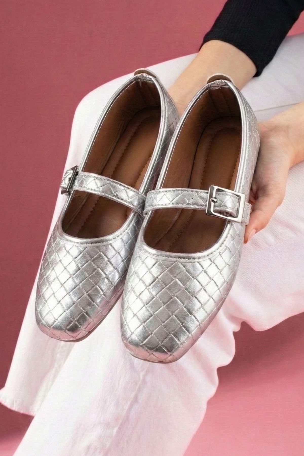 Toledo Gümüş Cilt Örgü Dokulu Nikel Tokalı Kemer Bantlı Babet