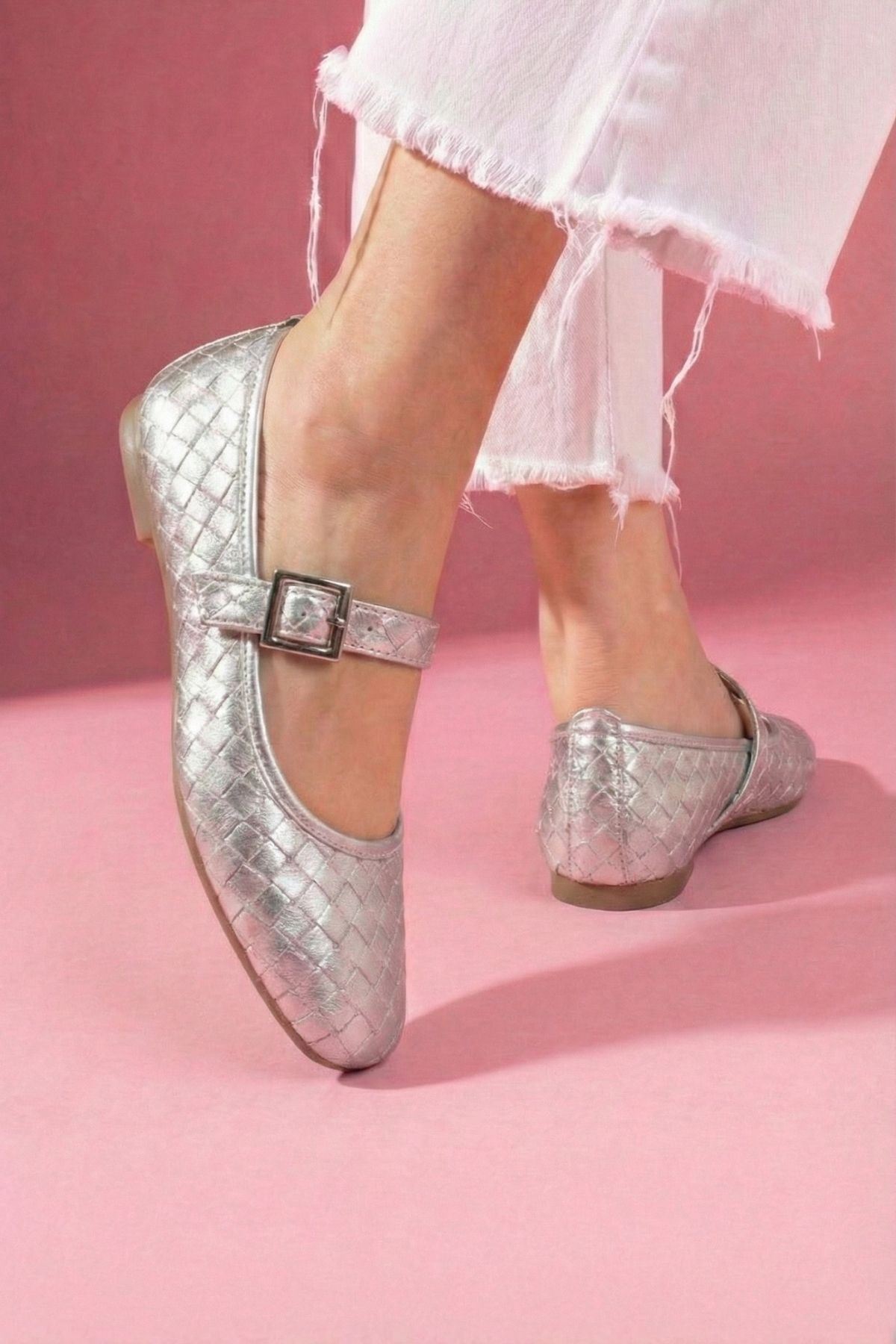 Toledo Gümüş Cilt Örgü Dokulu Nikel Tokalı Kemer Bantlı Babet