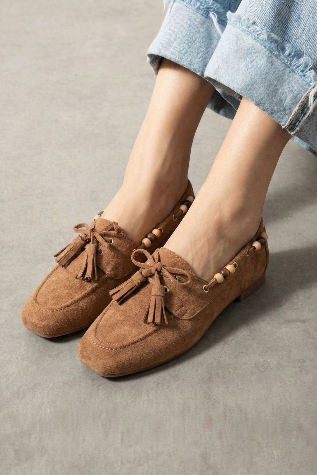Tessora Taba Süet Boncuk Detaylı Püsküllü Bağcıklı Loafer Babet Günlük Ayakkabı