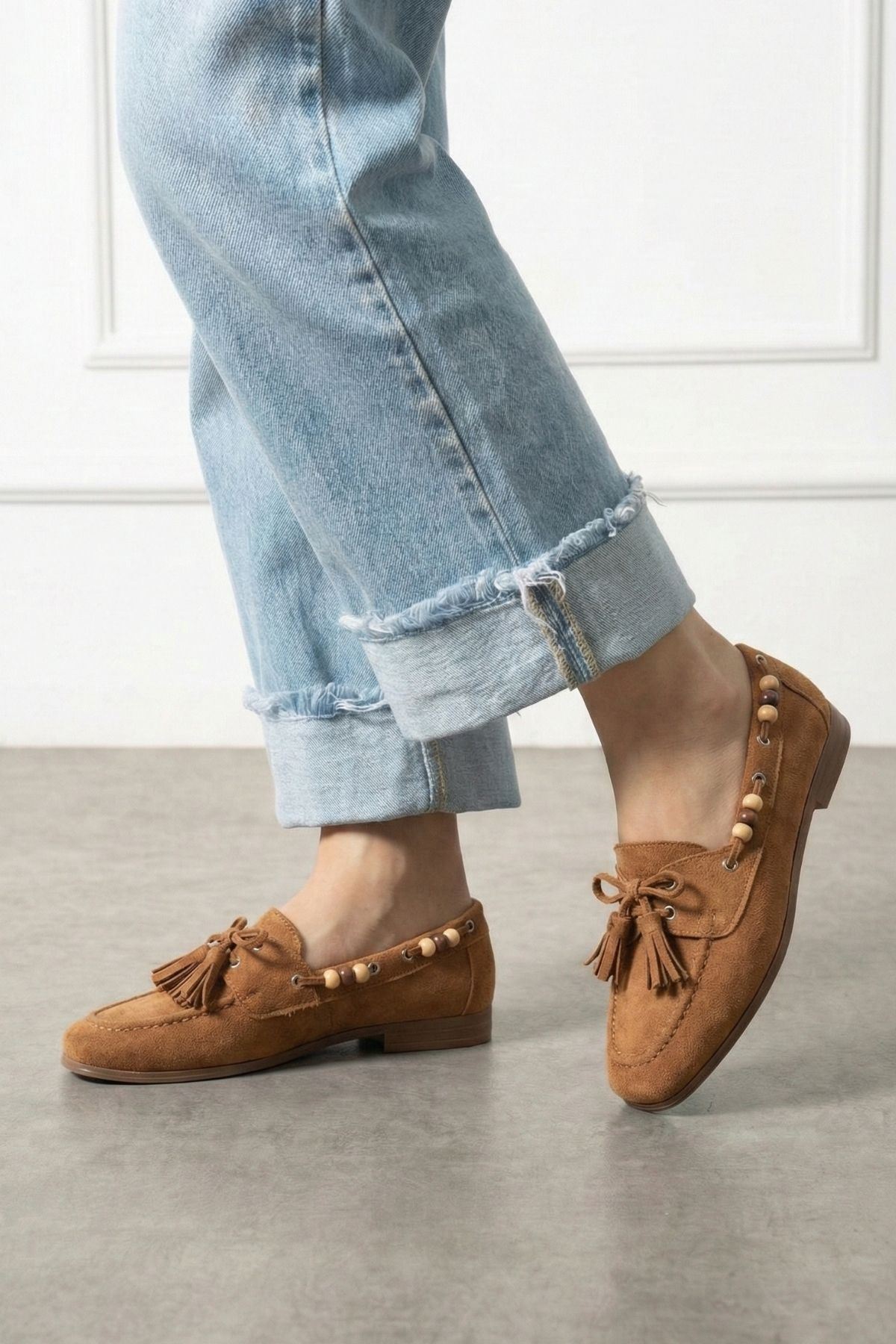 Tessora Taba Süet Boncuk Detaylı Püsküllü Bağcıklı Loafer Babet Günlük Ayakkabı