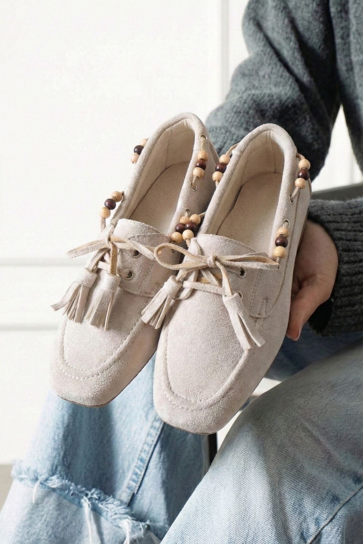 Tessora Bej Süet Boncuk Detaylı Püsküllü Bağcıklı Loafer Babet Günlük Ayakkabı