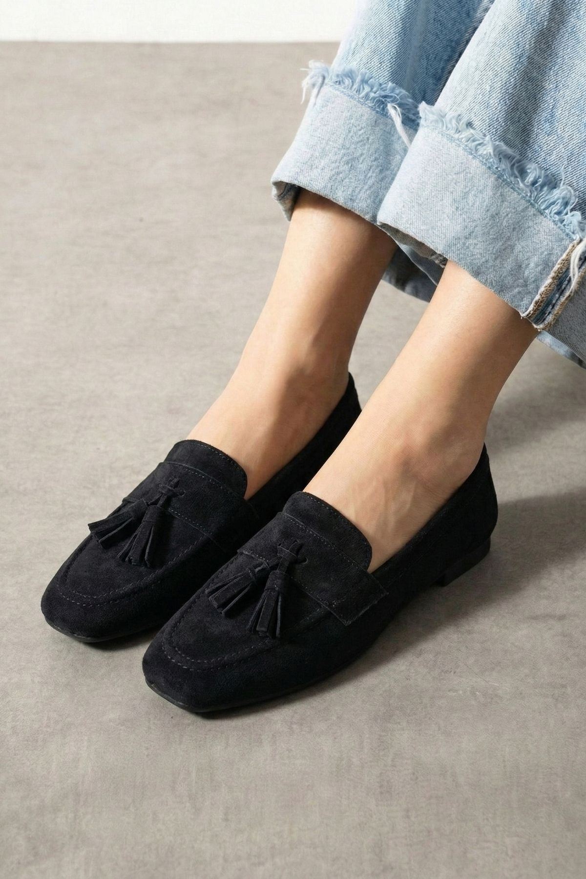 Savona Siyah Süet Püskül Detaylı Loafer Babet Günlük Ayakkabı