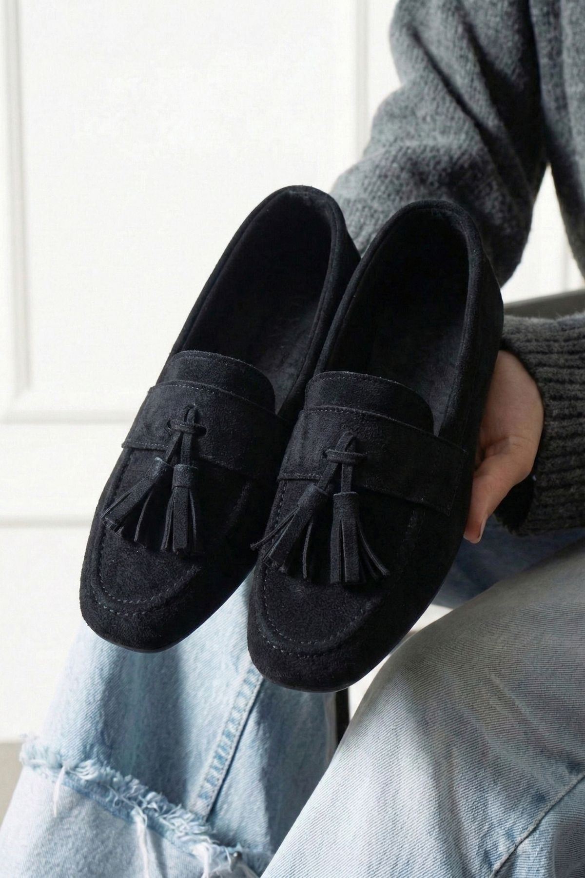 Savona Siyah Süet Püskül Detaylı Loafer Babet Günlük Ayakkabı