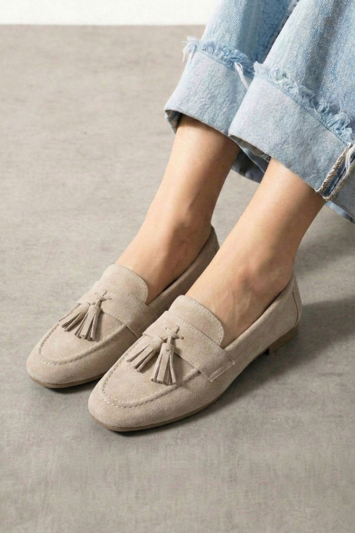 Savona Bej Süet Püskül Detaylı Loafer Babet Günlük Ayakkabı