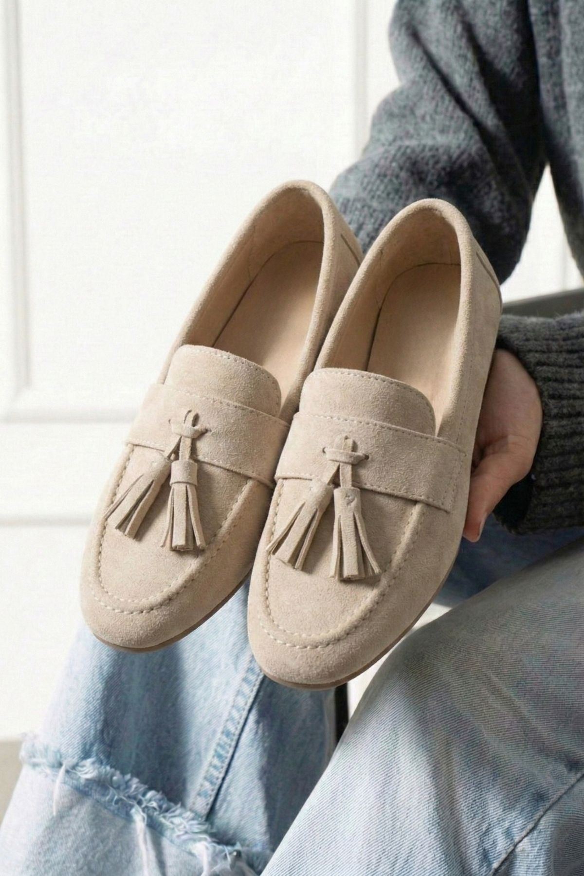 Savona Bej Süet Püskül Detaylı Loafer Babet Günlük Ayakkabı