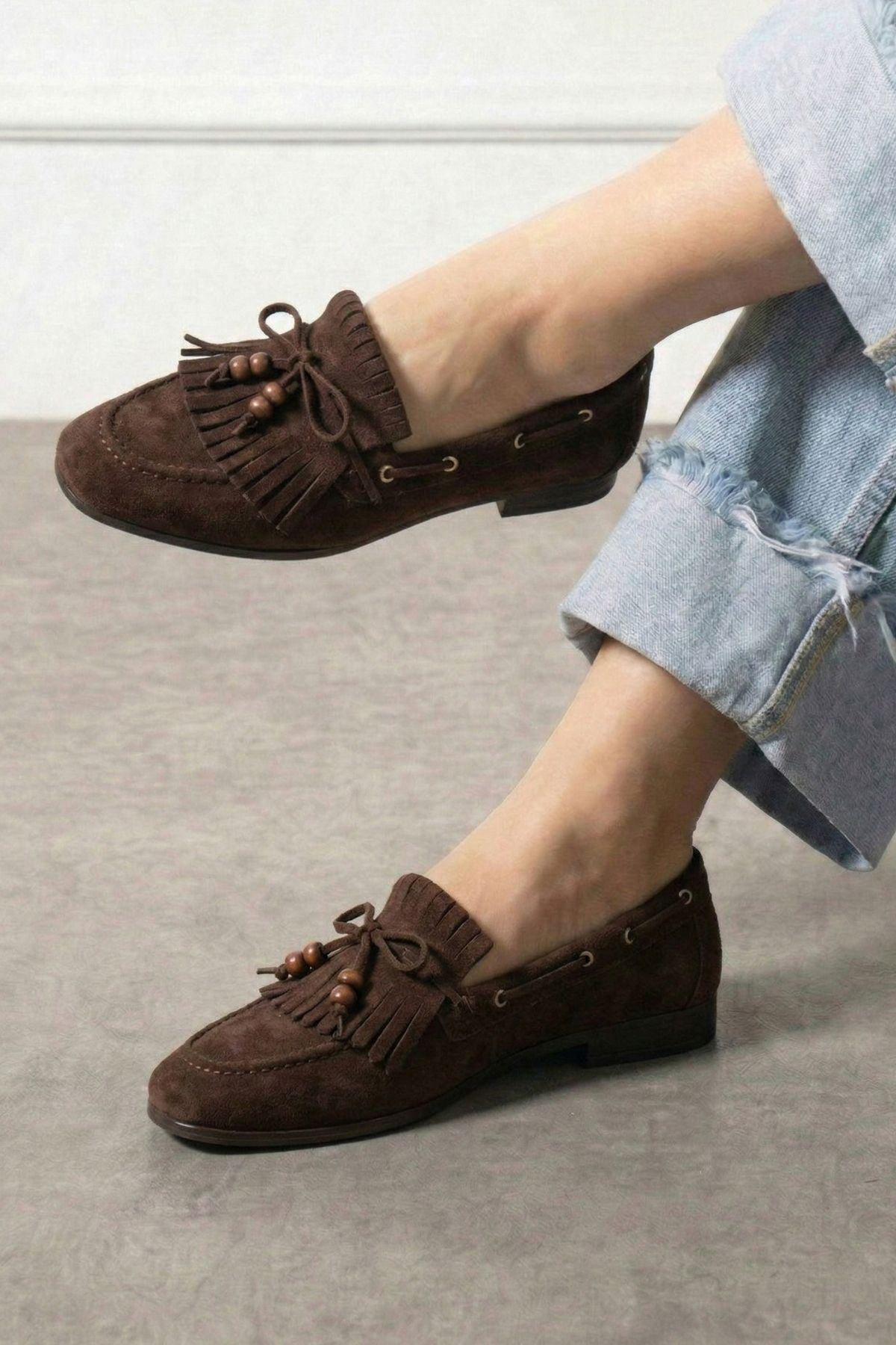 Ravello Kahverengi Süet Boncuk Detaylı Püsküllü Bağcıklı Loafer Babet Günlük Ayakkabı
