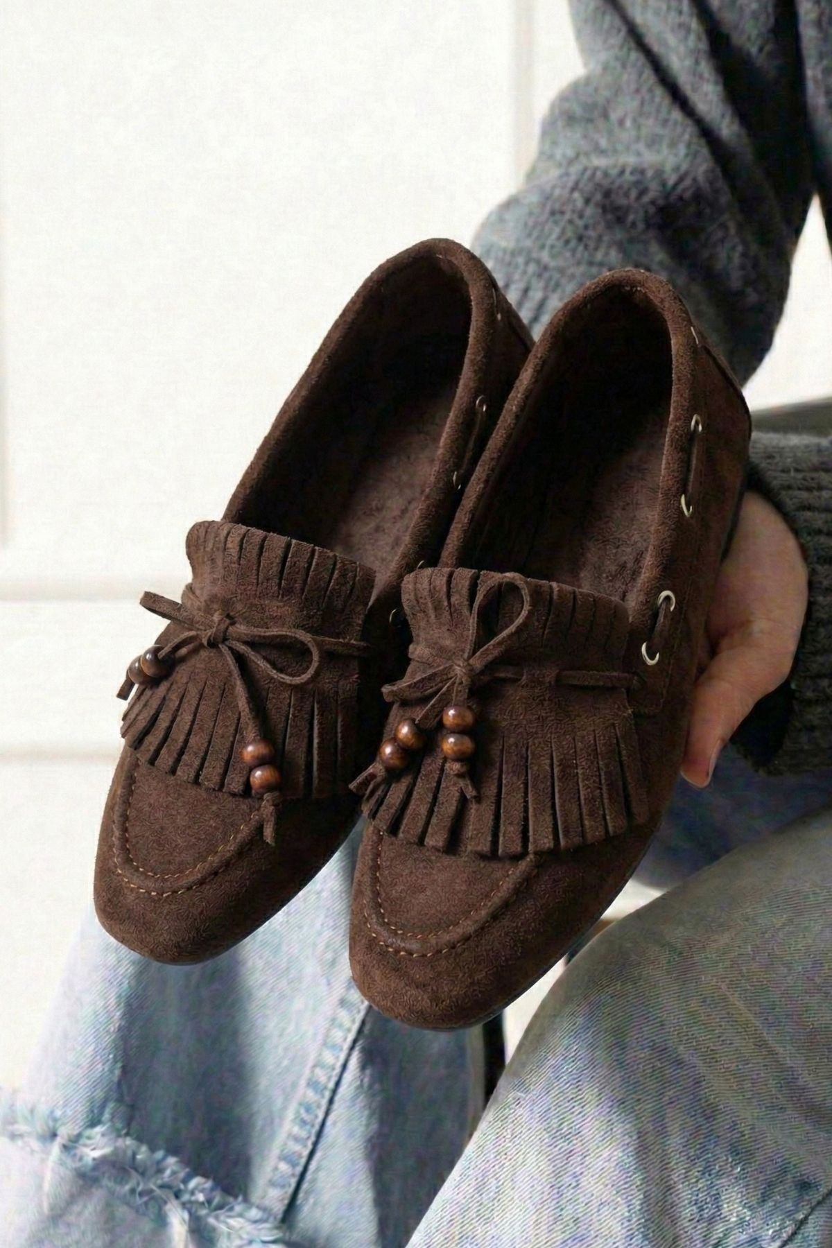 Ravello Kahverengi Süet Boncuk Detaylı Püsküllü Bağcıklı Loafer Babet Günlük Ayakkabı