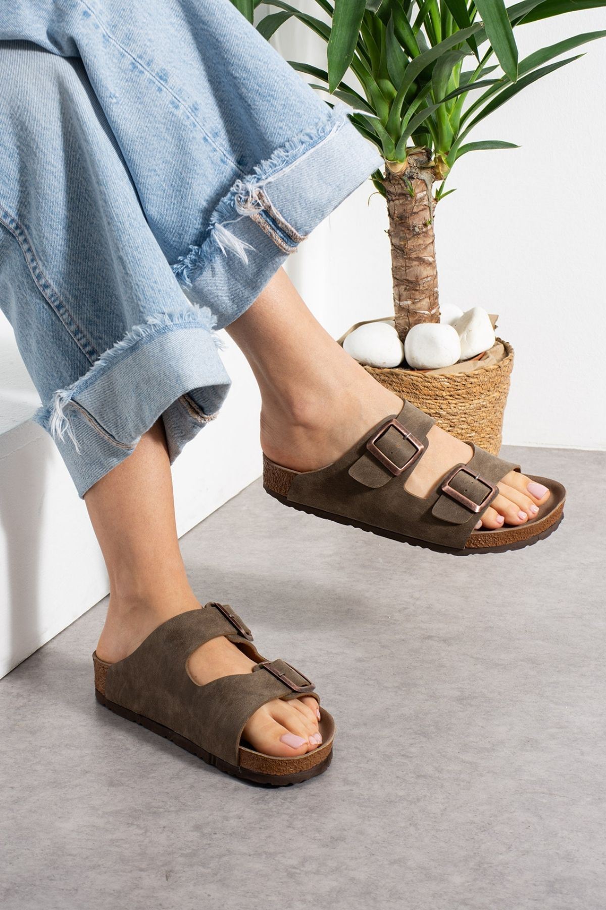 Arona Vizon Nubuk Çift Bantlı Ortopedik Mantar Taban Premium Terlik