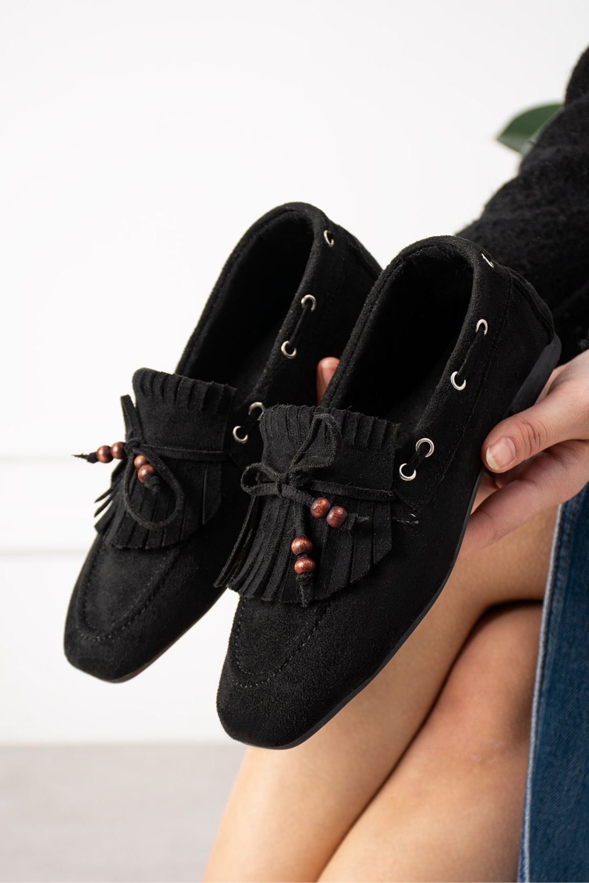 Ravello Siyah Süet Boncuk Detaylı Püsküllü Bağcıklı Loafer Babet Günlük Ayakkabı