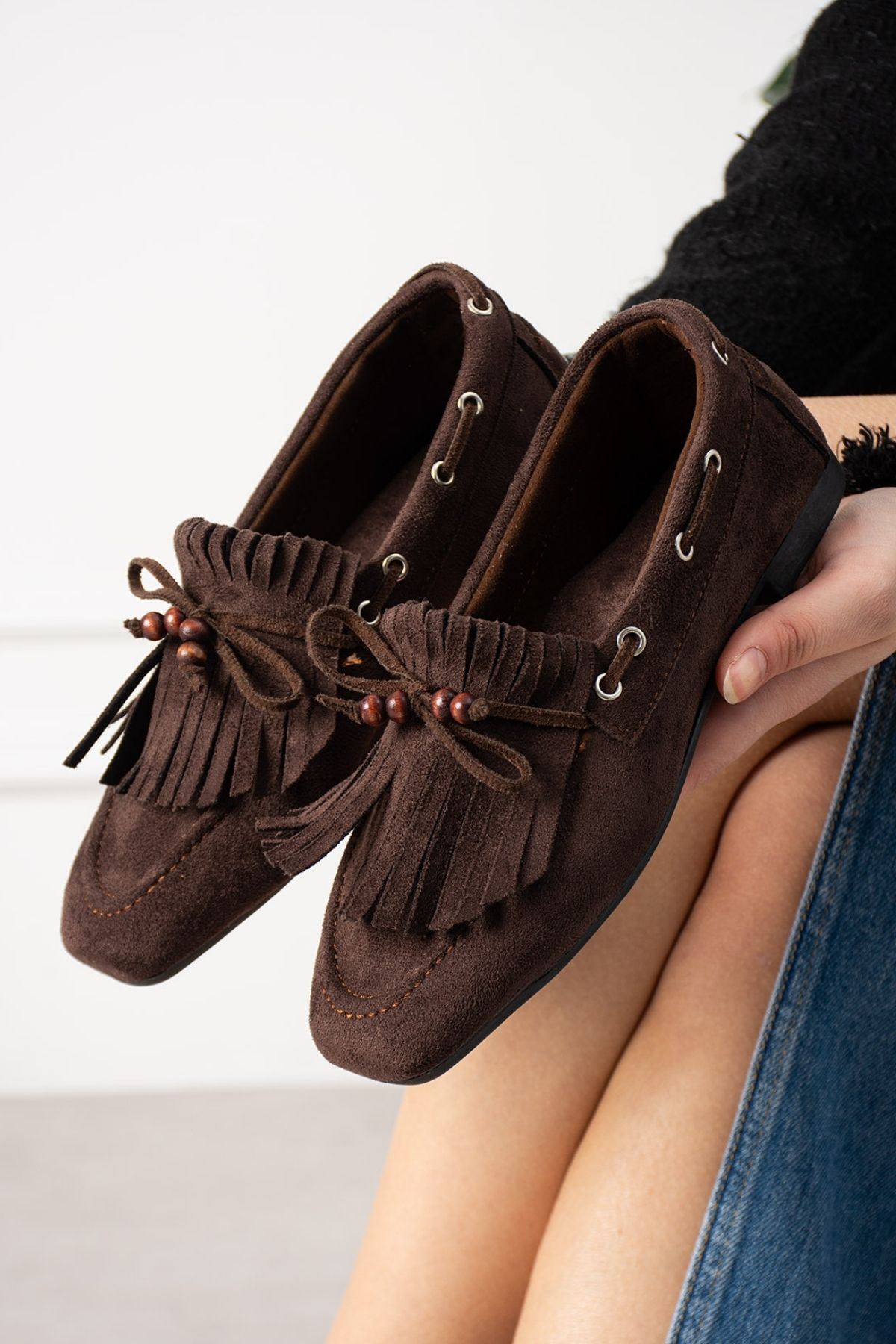 Ravello Kahverengi Süet Boncuk Detaylı Püsküllü Bağcıklı Loafer Babet Günlük Ayakkabı