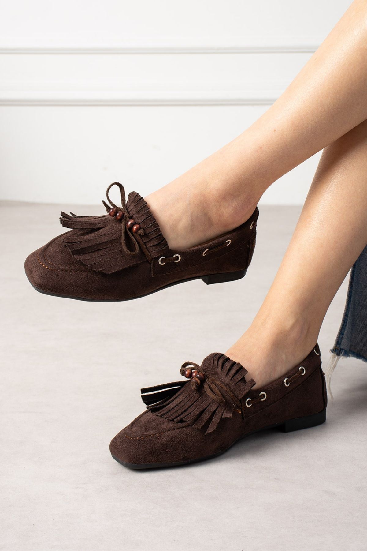 Ravello Kahverengi Süet Boncuk Detaylı Püsküllü Bağcıklı Loafer Babet Günlük Ayakkabı