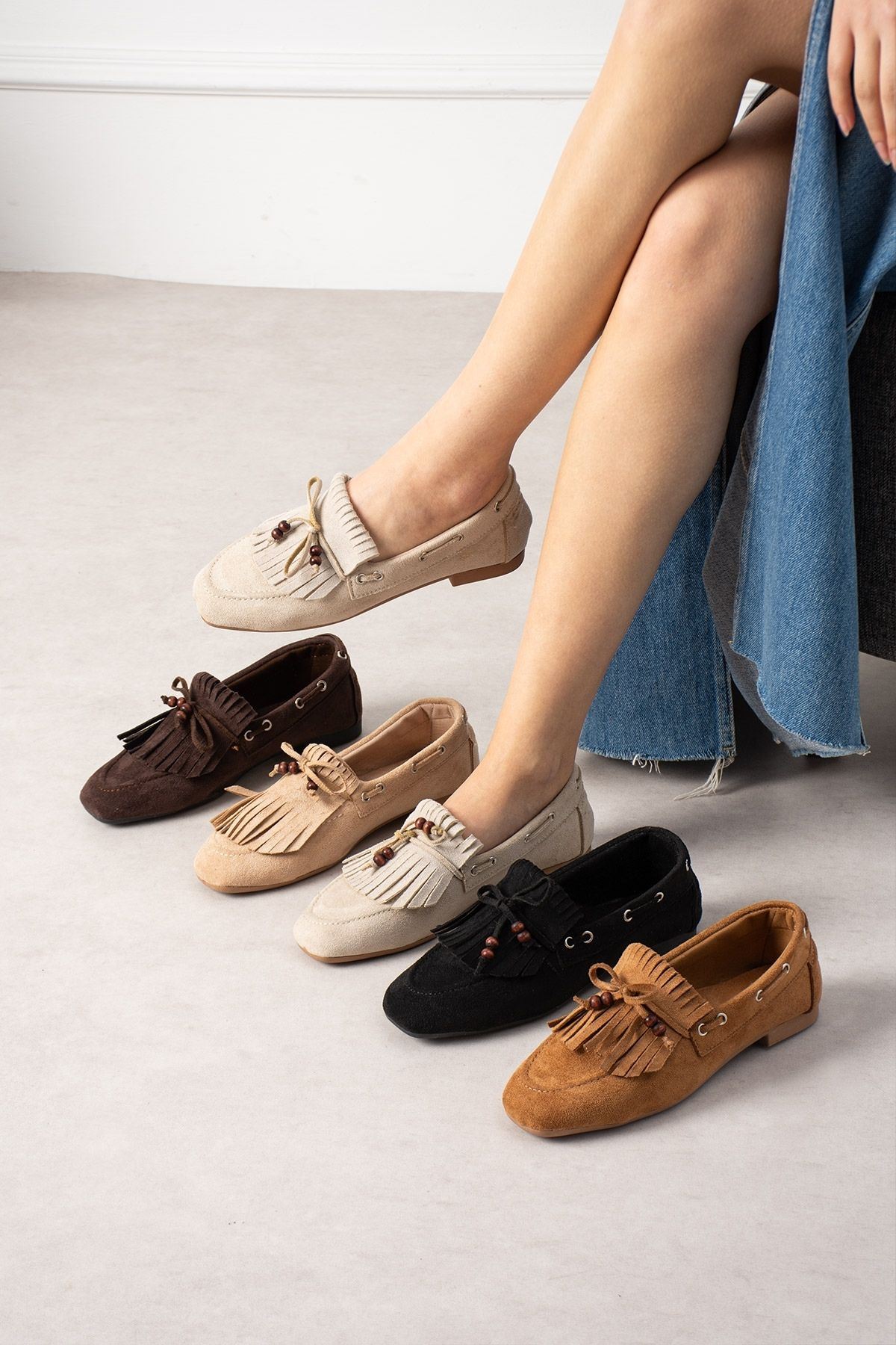 Ravello Taba Süet Boncuk Detaylı Püsküllü Bağcıklı Loafer Babet Günlük Ayakkabı