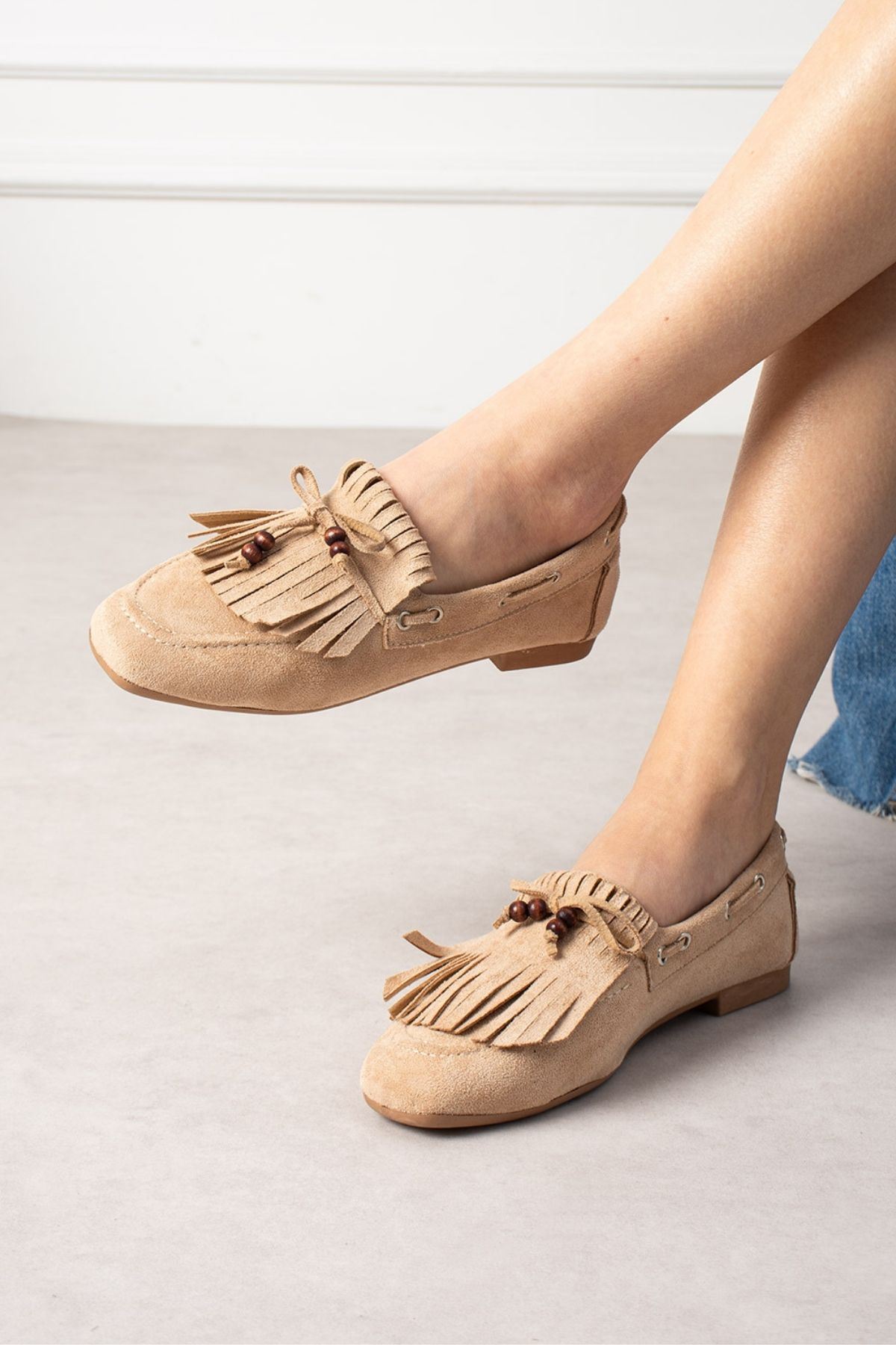 Ravello Vizon Süet Boncuk Detaylı Püsküllü Bağcıklı Loafer Babet Günlük Ayakkabı