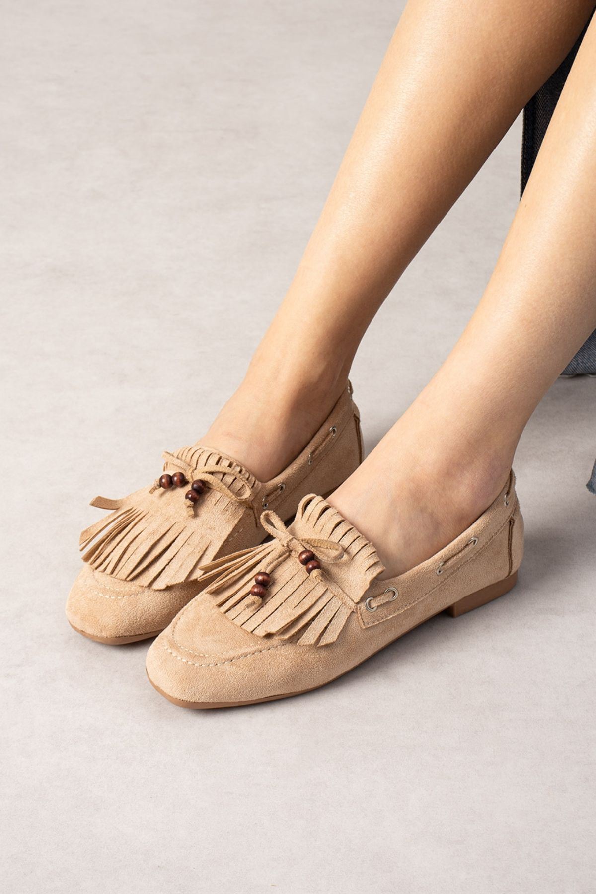 Ravello Vizon Süet Boncuk Detaylı Püsküllü Bağcıklı Loafer Babet Günlük Ayakkabı