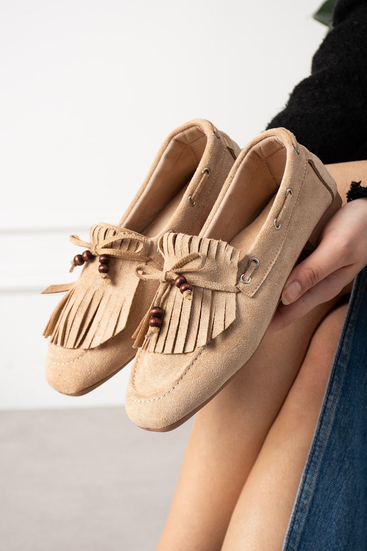 Ravello Vizon Süet Boncuk Detaylı Püsküllü Bağcıklı Loafer Babet Günlük Ayakkabı