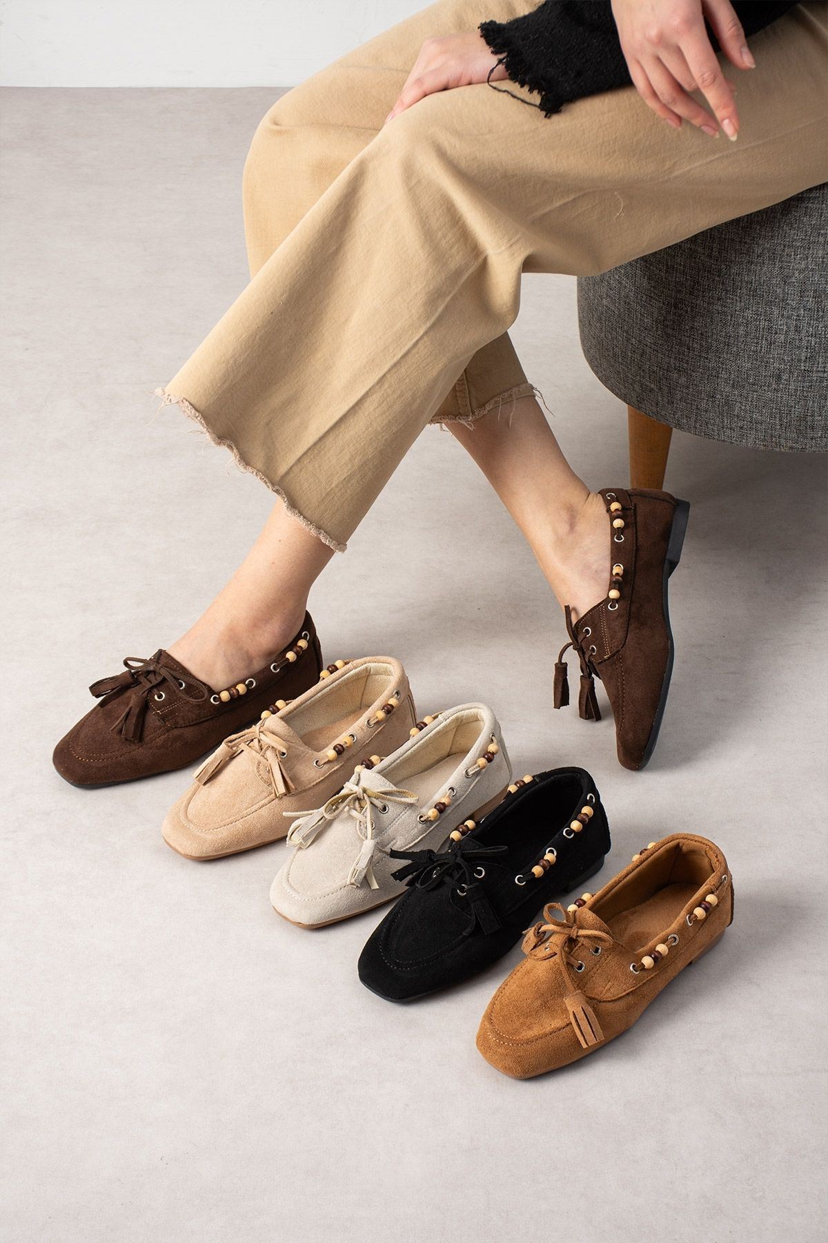 Tessora Kahverengi Süet Boncuk Detaylı Püsküllü Bağcıklı Loafer Babet Günlük Ayakkabı