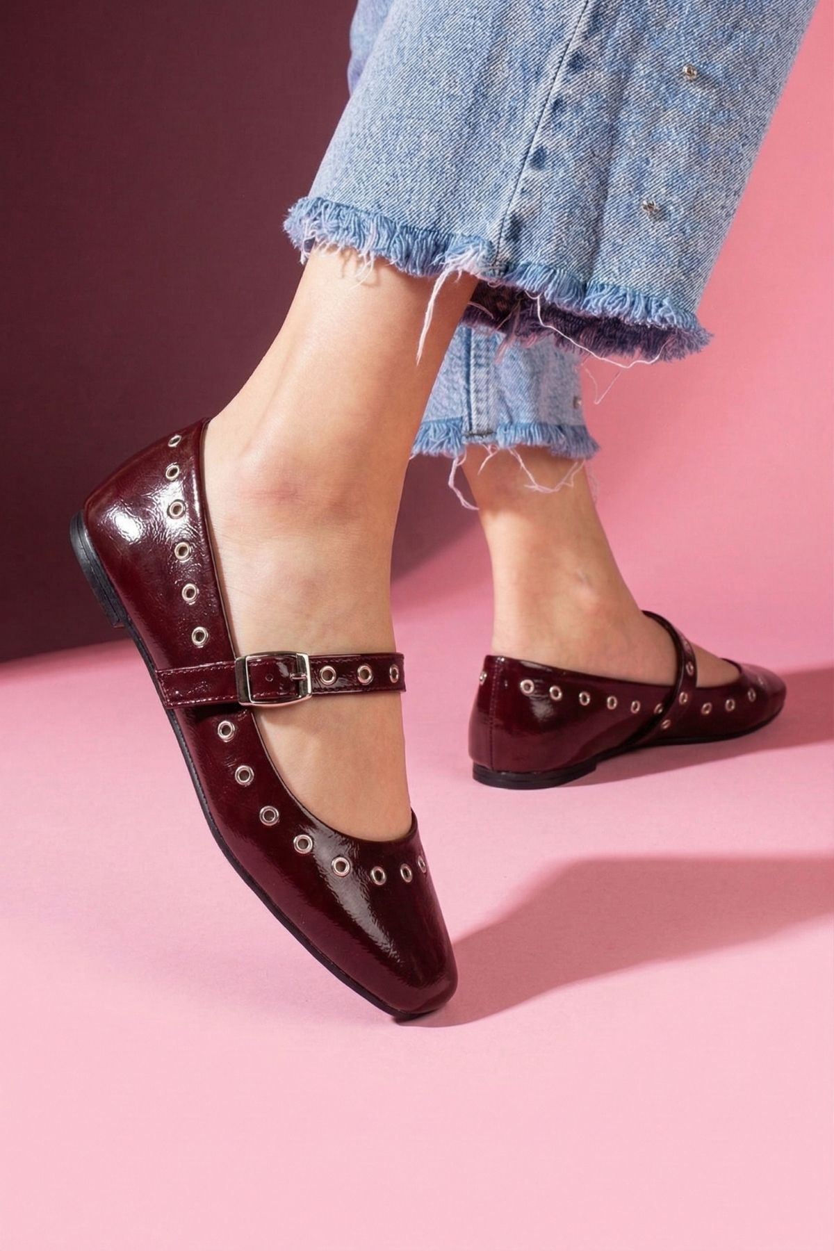 Vento Bordo Cilt Gümüş Halka Detaylı Tokalı Kemer Bantlı Babet