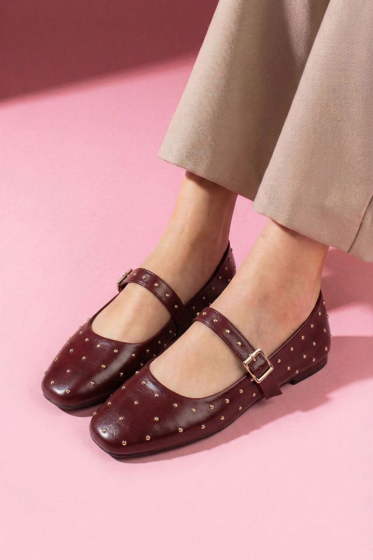 Vittoria Bordo Cilt Metal Mini Troklu Gold Tokalı Tek Bant Babet