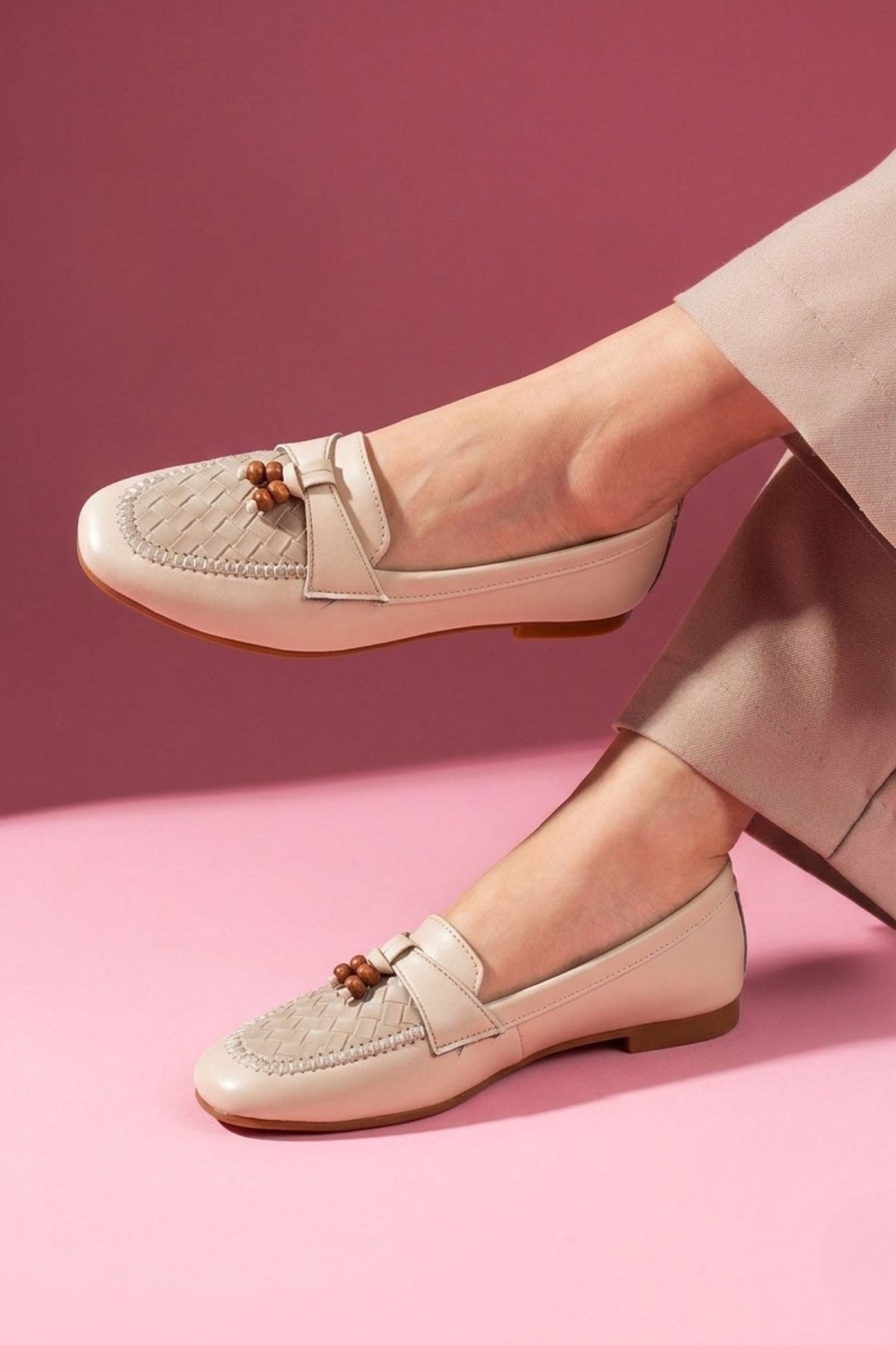Novera Bej Örgü Dikiş Saraçlı Boncuk Püsküllü Loafer Babet Günlük Ayakkabı 