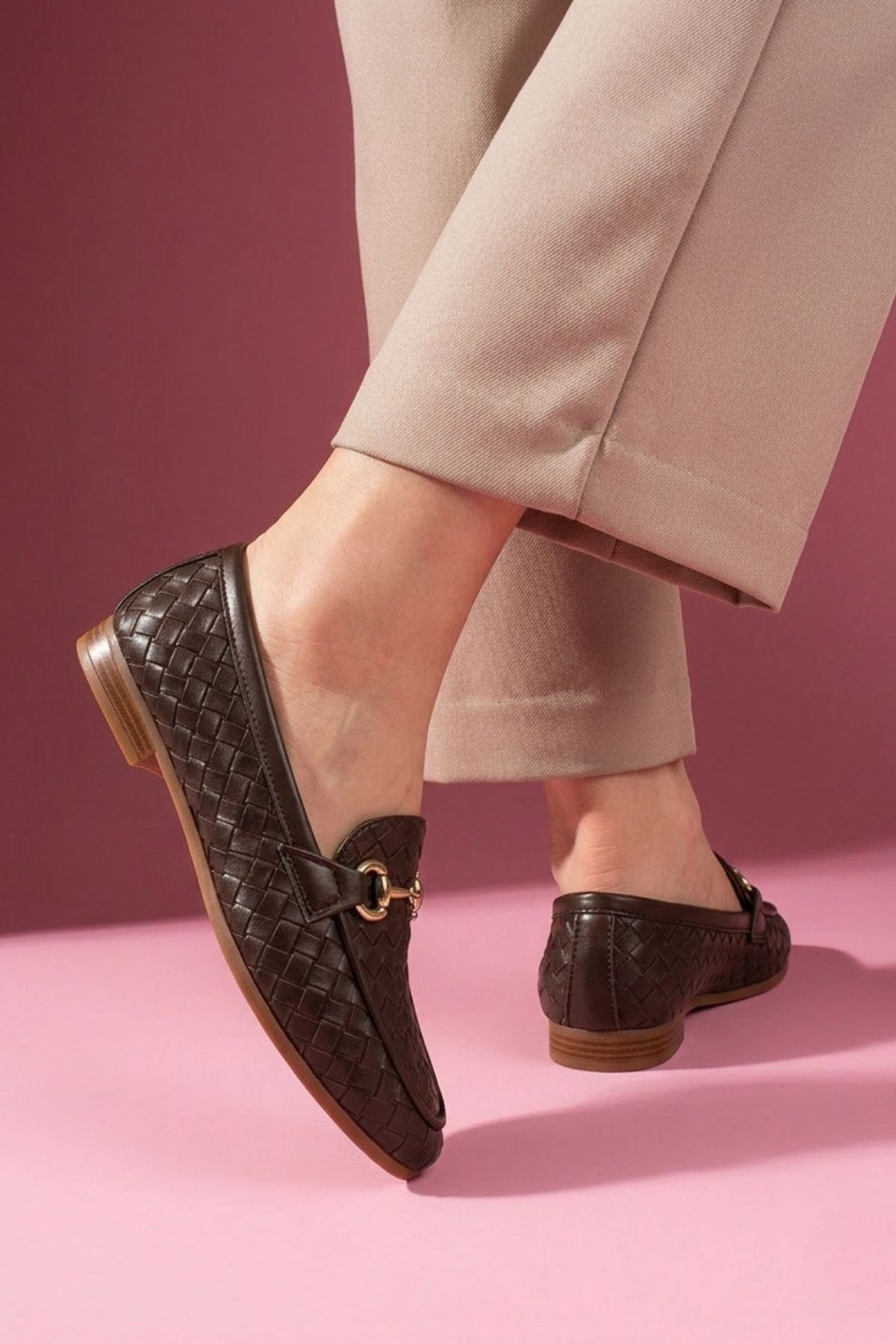 Pielza Kahverengi Örgü Dokulu Metal Tokalı Kadın Loafer Babet Günlük Ayakkabı 