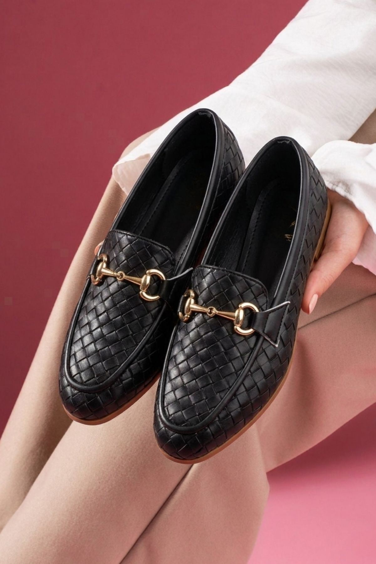 Pielza Siyah Örgü Dokulu Metal Tokalı Kadın Loafer Babet Günlük Ayakkabı