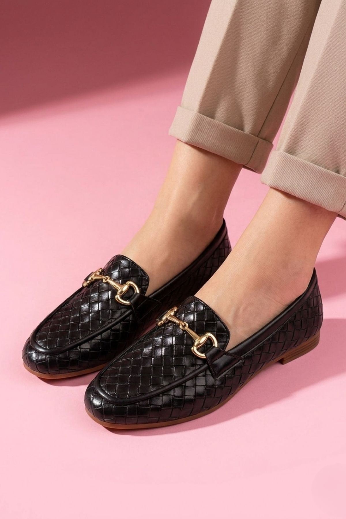 Pielza Siyah Örgü Dokulu Metal Tokalı Kadın Loafer Babet Günlük Ayakkabı