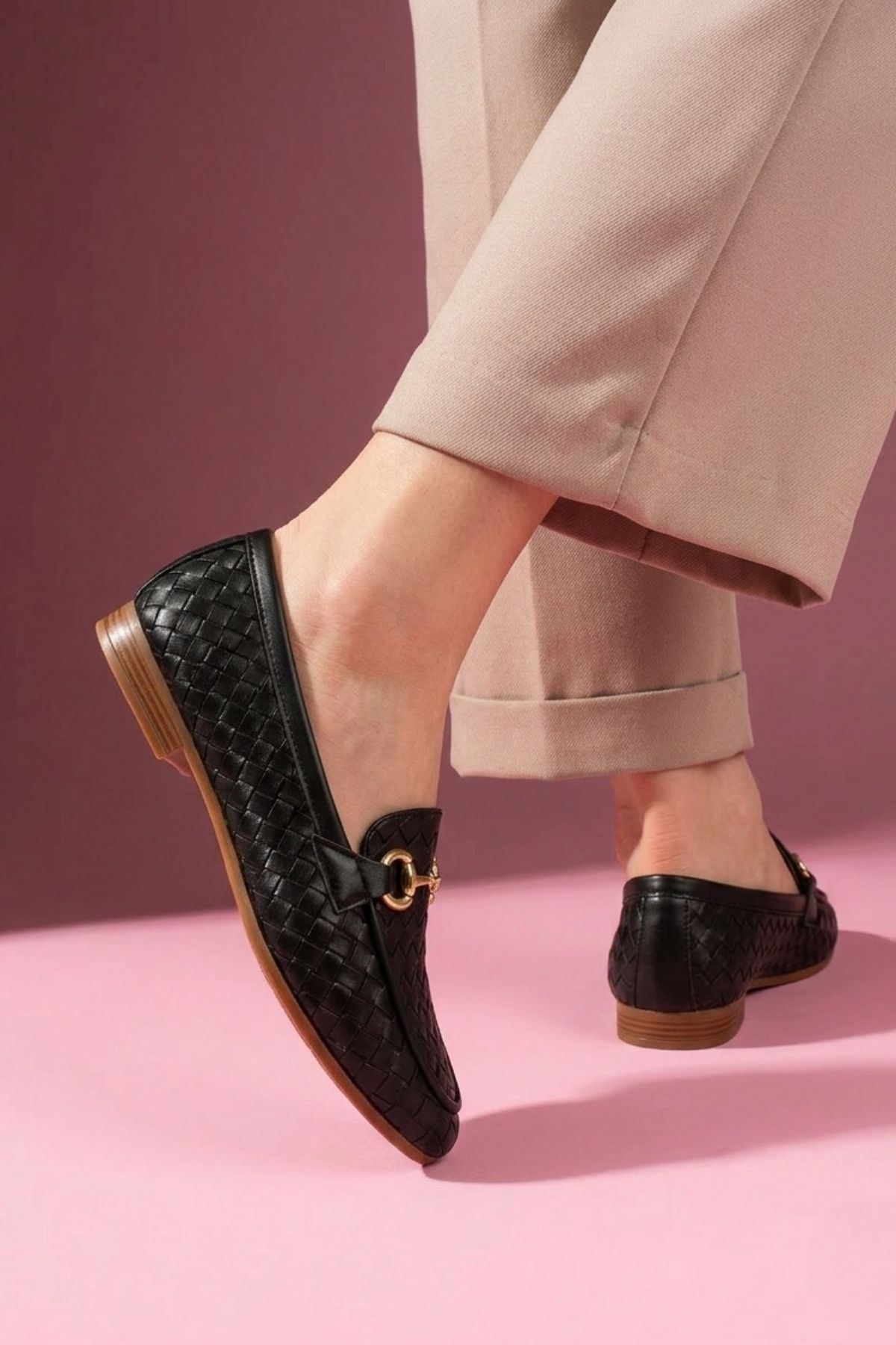 Pielza Siyah Örgü Dokulu Metal Tokalı Kadın Loafer Babet Günlük Ayakkabı