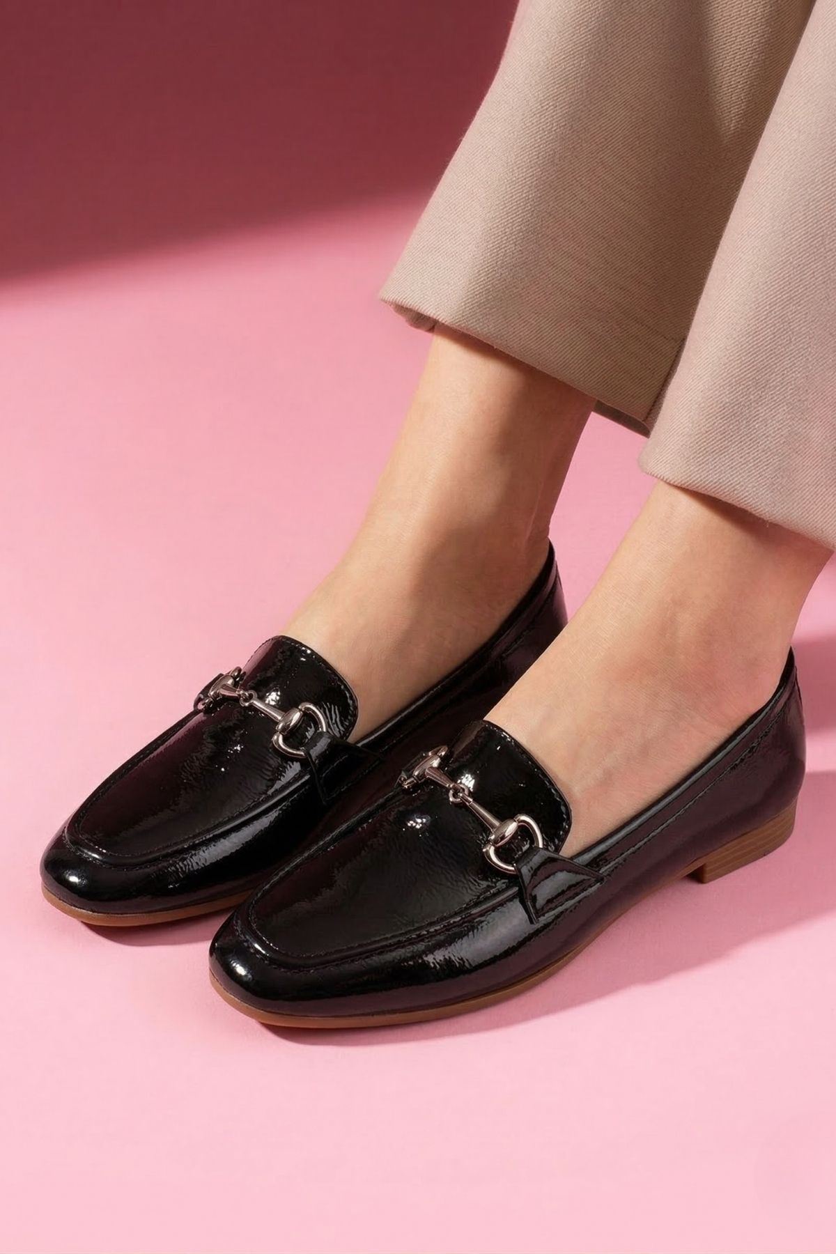 Rakuel Siyah Kırışık Rugan Kadın Loafer Babet Günlük Ayakkabı