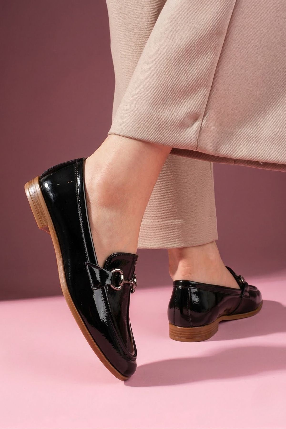 Rakuel Siyah Kırışık Rugan Kadın Loafer Babet Günlük Ayakkabı