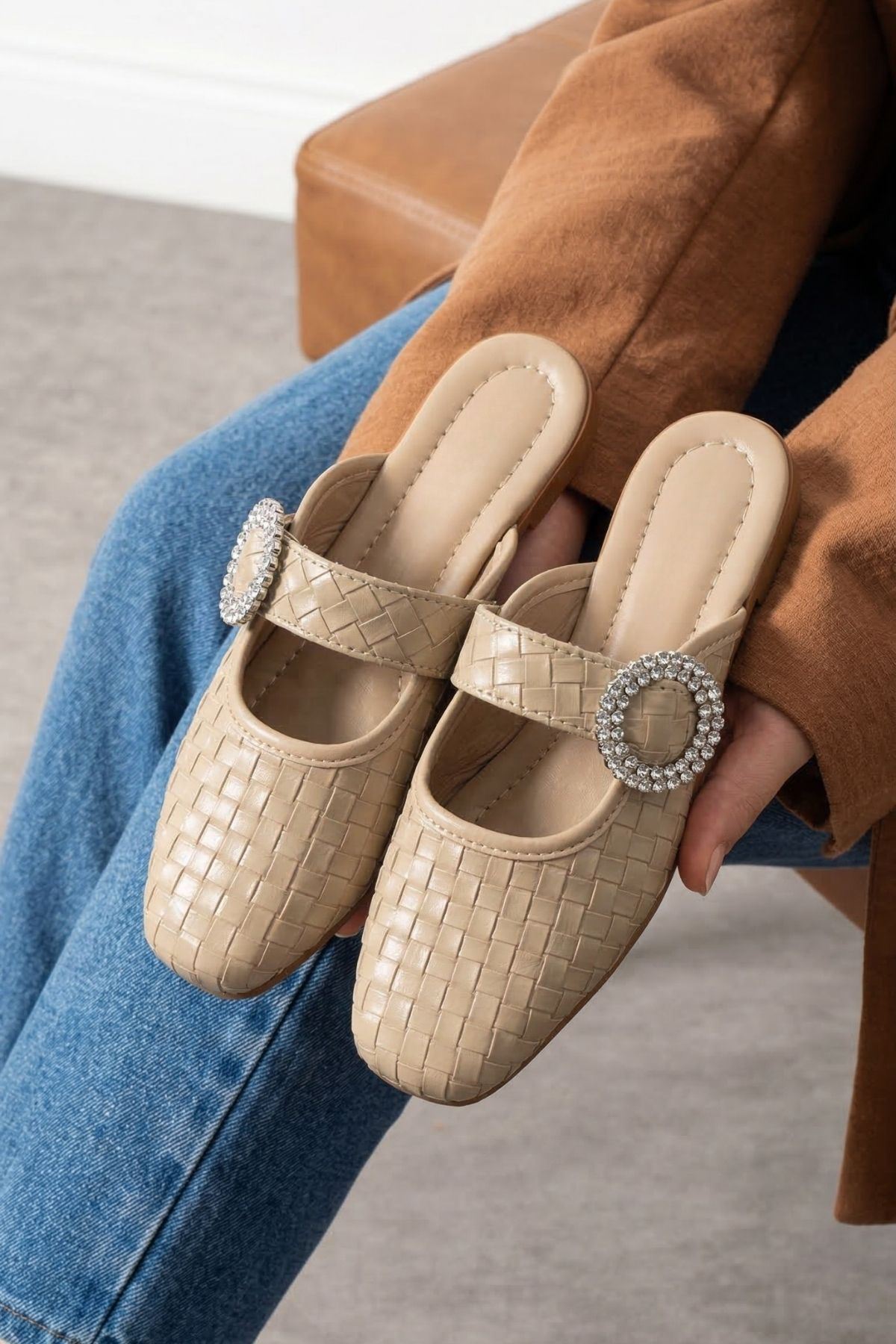 Nordy Vizon Örgü Dokulu Taş Tokalı Şık Günlük Model Kadın Terlik