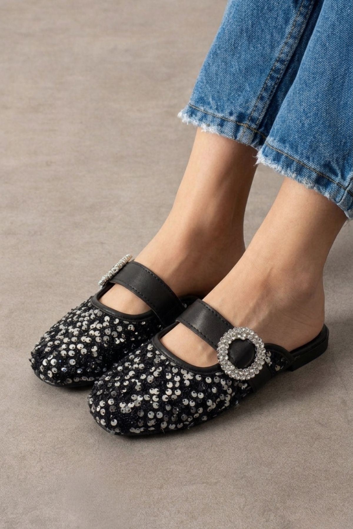 Falcon Gümüş Payetli Taş Tokalı Şık Günlük Model Kadın Terlik