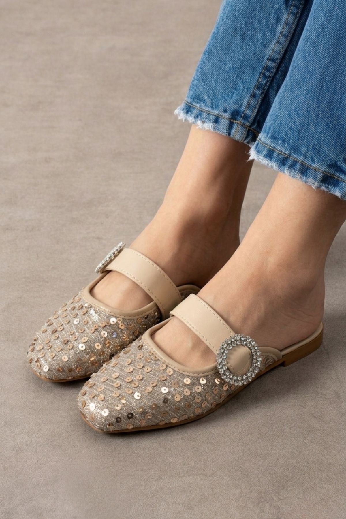 Falcon Bej Payetli Taş Tokalı Şık Günlük Model Kadın Terlik