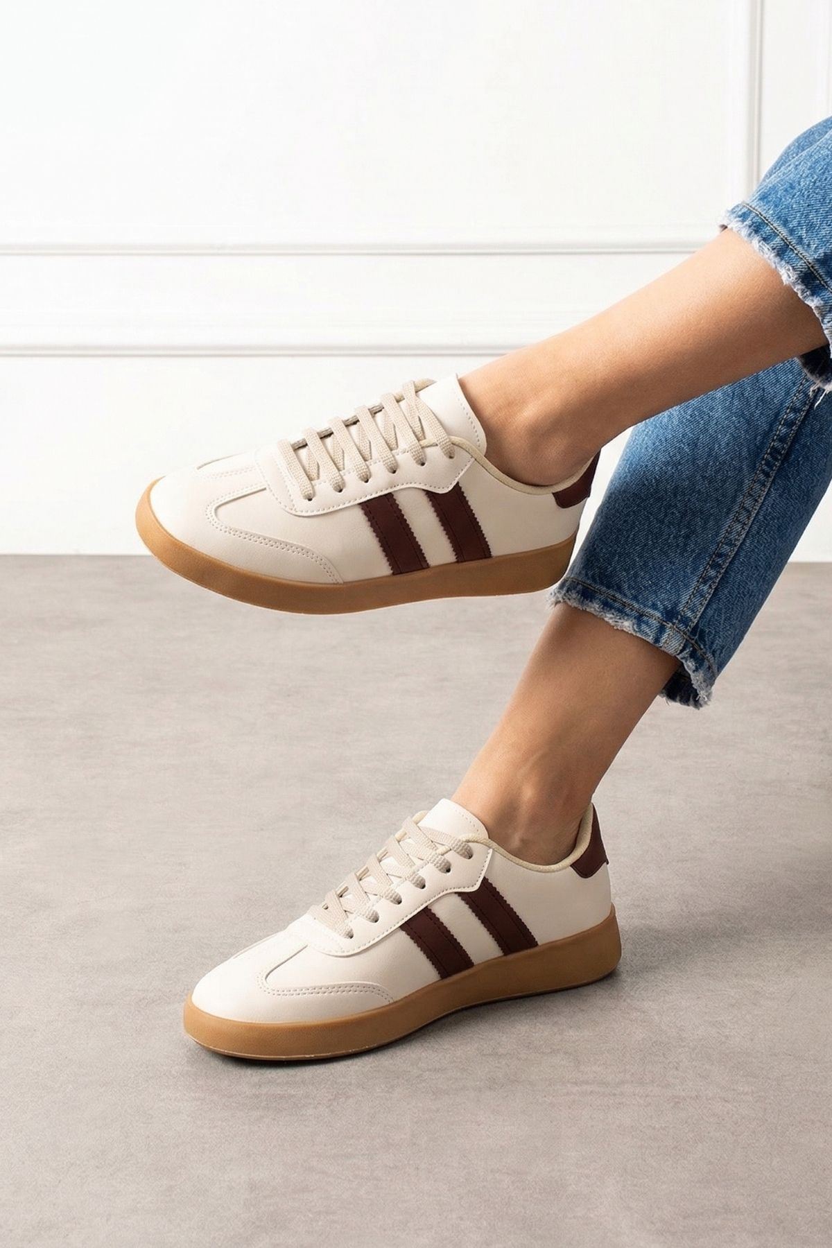 Fortuna Bej Bordo Şeritli Bağcıklı Spor Sneaker Ayakkabı