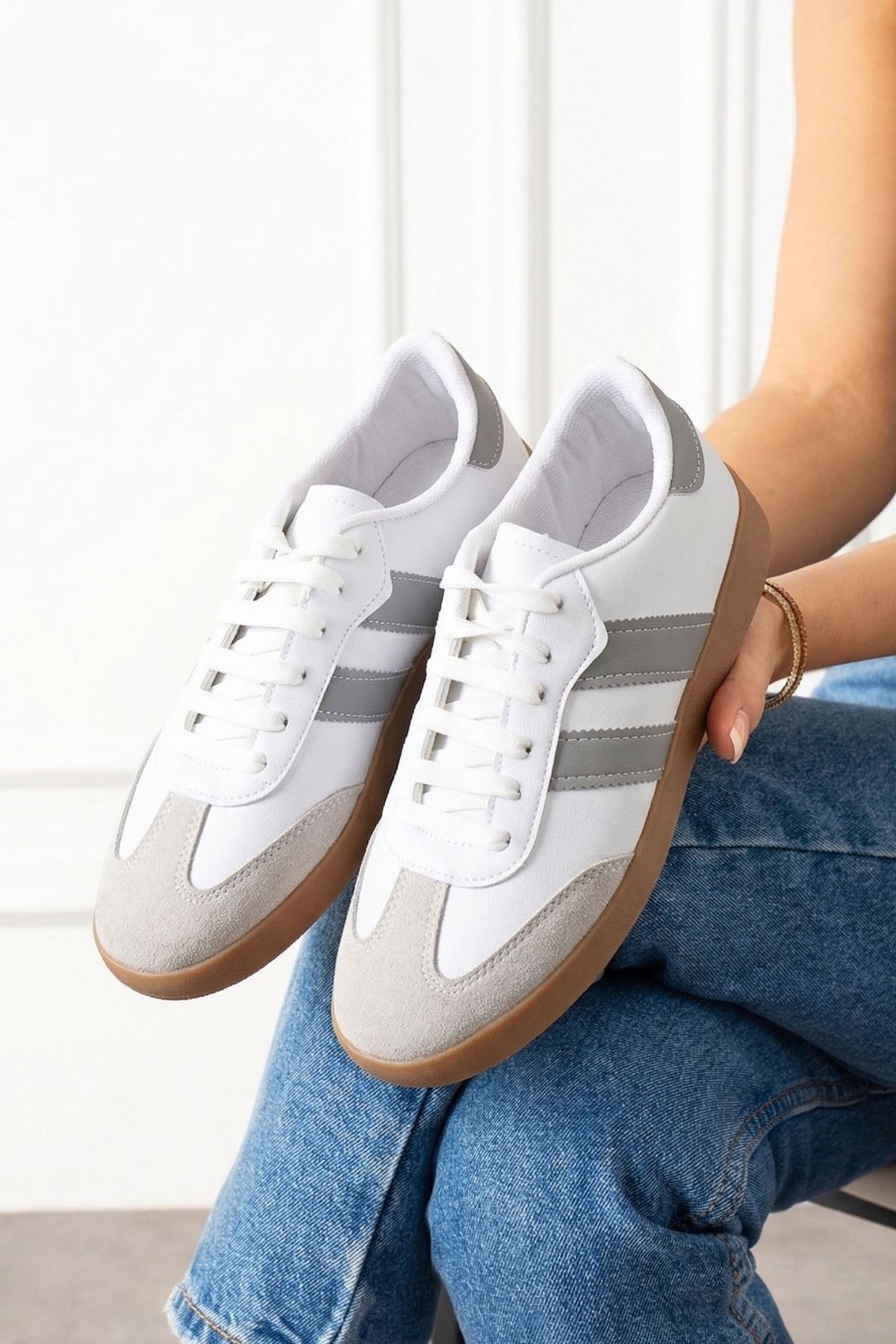 Fortuna Beyaz Gri Şeritli Bağcıklı Spor Sneaker Ayakkabı