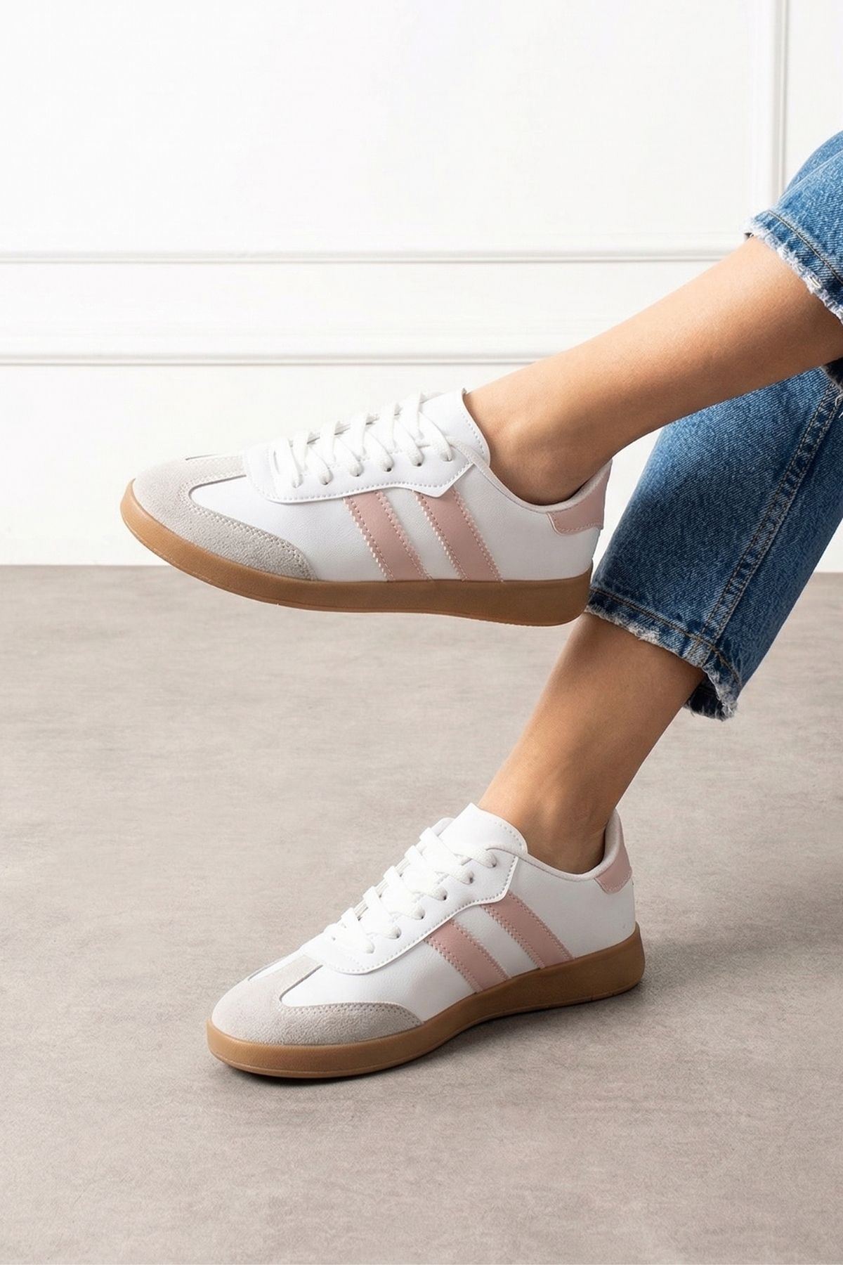 Fortuna Beyaz Pudra Şeritli Bağcıklı Spor Sneaker Ayakkabı