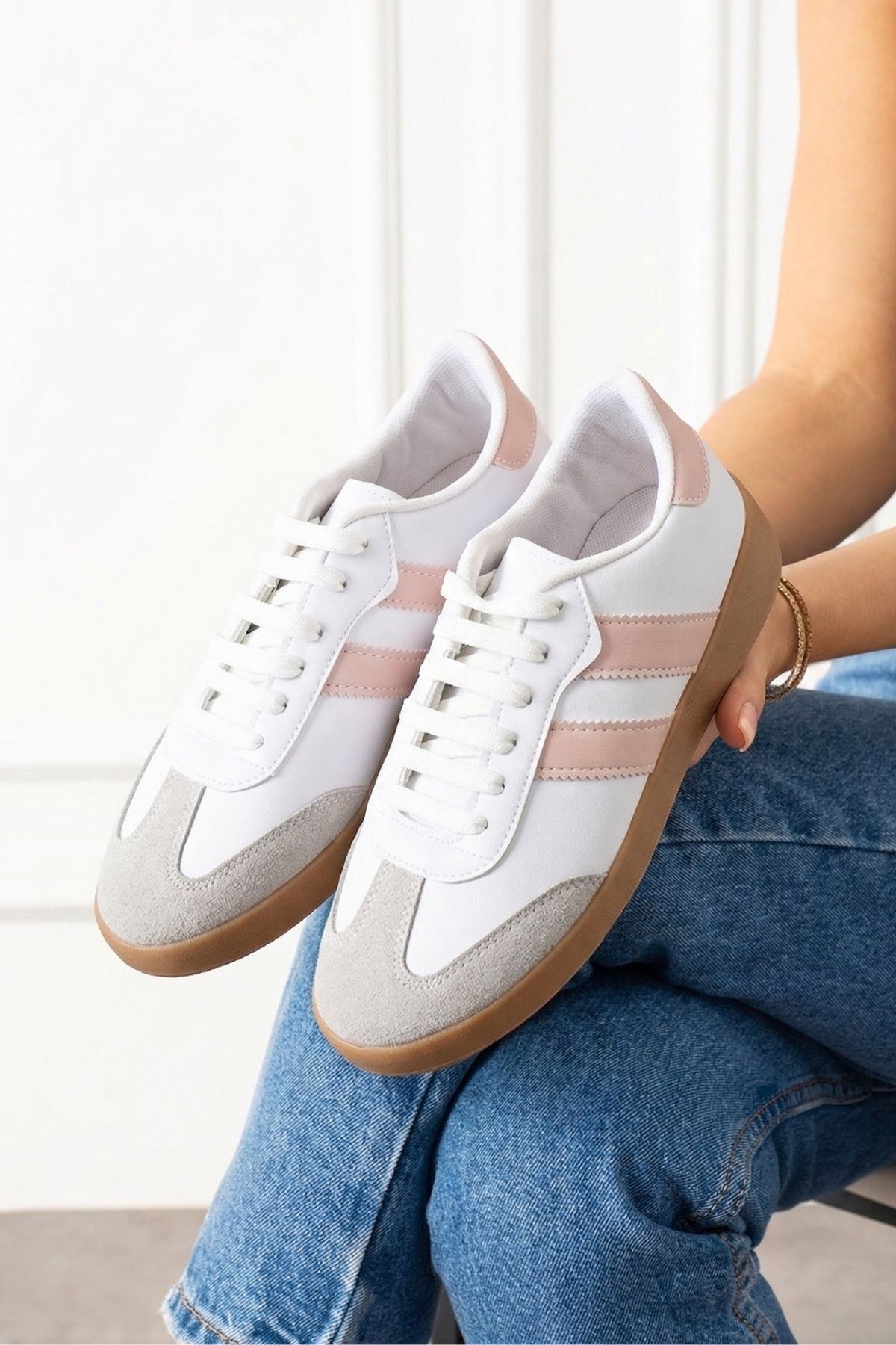 Fortuna Beyaz Pudra Şeritli Bağcıklı Spor Sneaker Ayakkabı